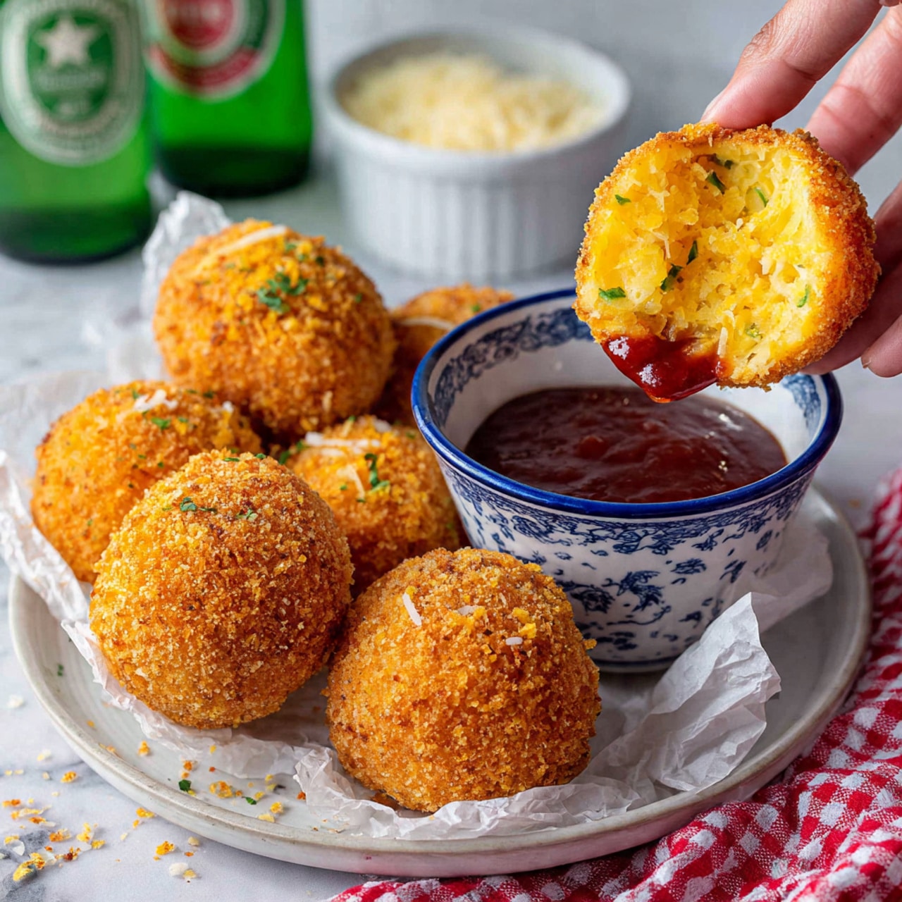 A close-up image showing a woman's hand holding a fried round ball with a crispy golden-brown outer layer, dipped in a thick, dark red sauce inside a small white bowl with blue patterns. The inside of the ball is light yellow with bits of green and orange, showing a soft, crumbly texture. Behind the bowl, several similar fried balls rest on white parchment paper on a round white plate. In the background, two green beer bottles and a small white bowl of grated cheese sit on a white marbled surface. A red and white checkered cloth lies partially visible at the bottom. Photo taken with an iphone --ar 4:5 --v 7