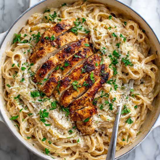 A white pot filled with creamy fettuccine pasta coated in a light beige sauce, topped with two pieces of grilled chicken sliced into thick strips showing a well-cooked golden-brown crust with some black seasoning spots. The chicken pieces lay in the center over the noodles, sprinkled with finely chopped green herbs and a little grated cheese. On the right side, a silver fork is stuck into the pasta. The pot is sitting on a white marbled surface. Photo taken with an iphone --ar 4:5 --v 7