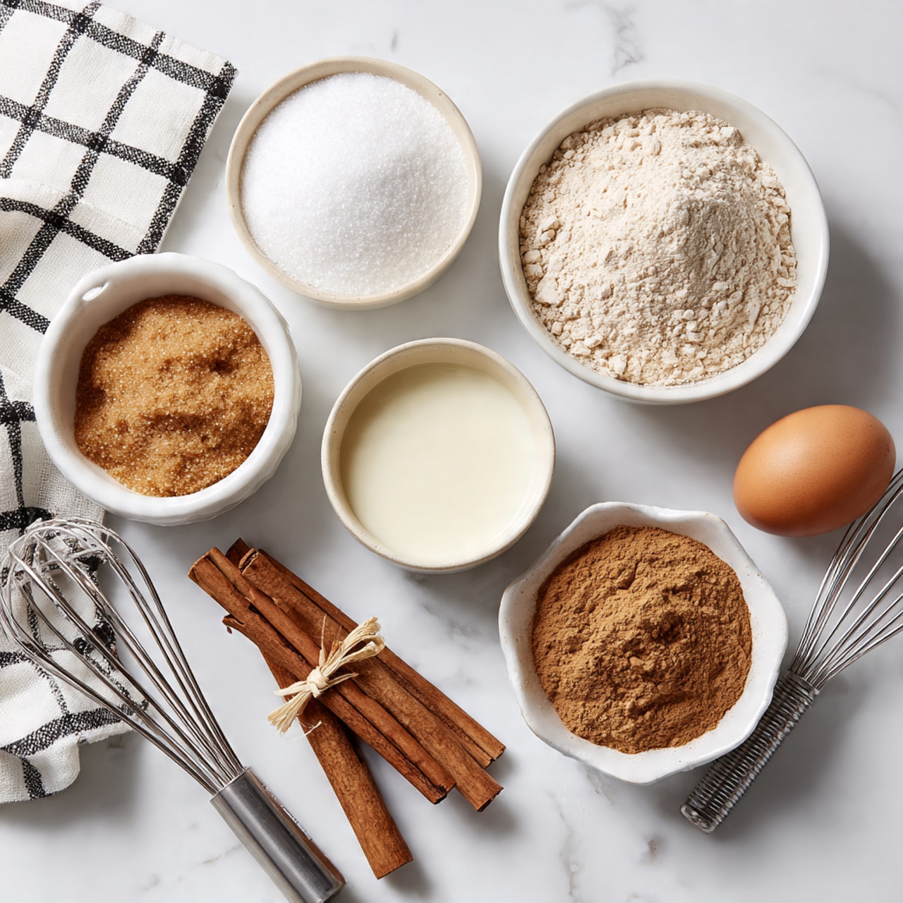 A white marbled surface holds several small white bowls and dishes with different dry and wet ingredients arranged in a loose circle; one bowl is filled with light brown sugar, another with white flour, and a third with a fine light brown powder resembling cinnamon or spice mix. There is also a white bowl with a smooth white liquid, and a separate small bowl with another white powdered ingredient, possibly baking powder or soda. An egg rests near the center, alongside two cinnamon sticks tied with twine, and a silver whisk lies diagonally across the scene. A white and black checked cloth is placed to the side. Photo taken with an iphone --ar 4:5 --v 7