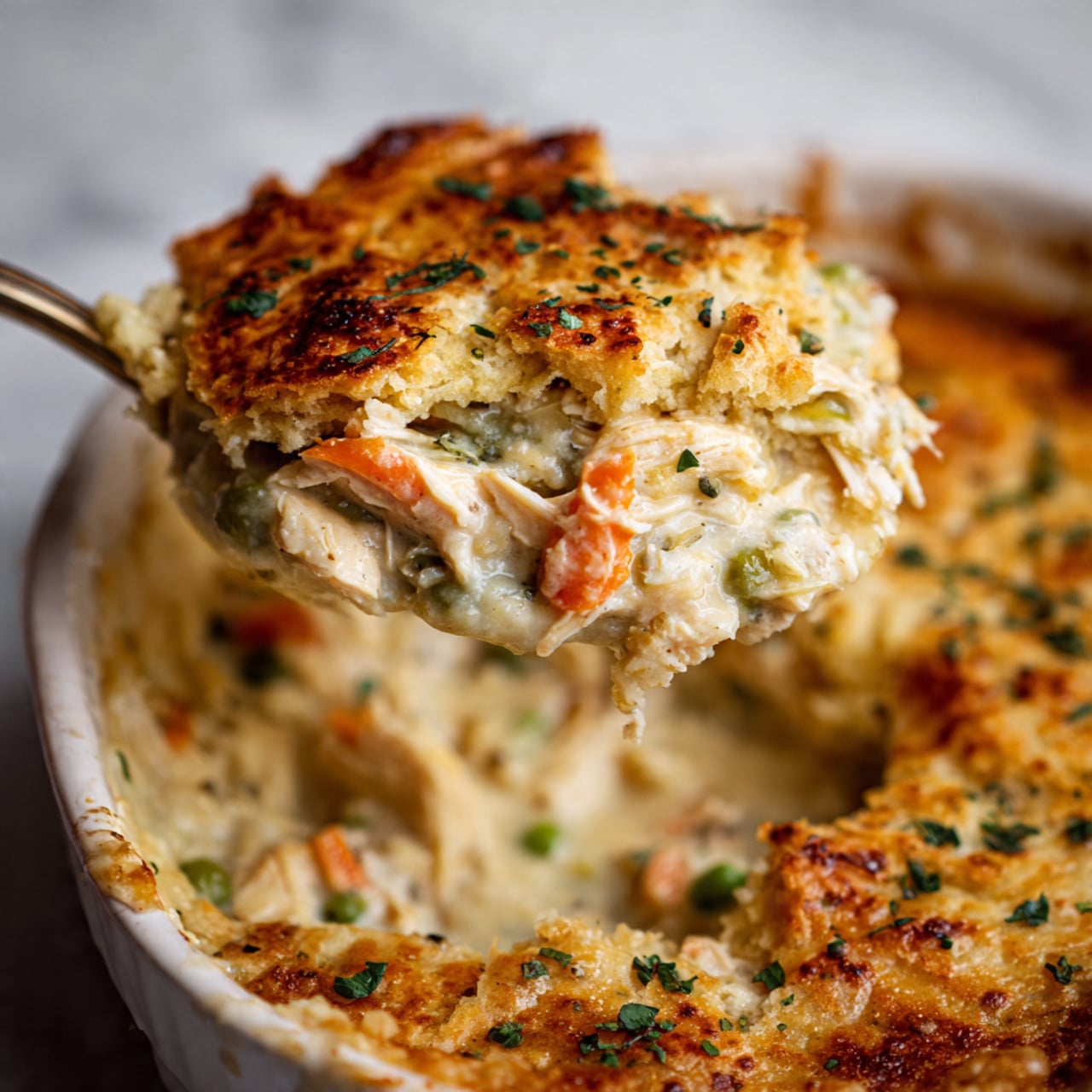 A close-up of a spoon holding a thick layer of chicken pot pie filling and a golden brown crust. The filling is creamy and mixed with chunks of white chicken meat, orange carrot pieces, and green peas, showing a soft and rich texture. The crust on top is golden, slightly puffy, and sprinkled with small green herbs. Below the spoon, the white casserole dish shows the rest of the pie with the same golden crust and herbs on top. The background has a simple beige tone and the surface is white marbled texture. photo taken with an iphone --ar 4:5 --v 7