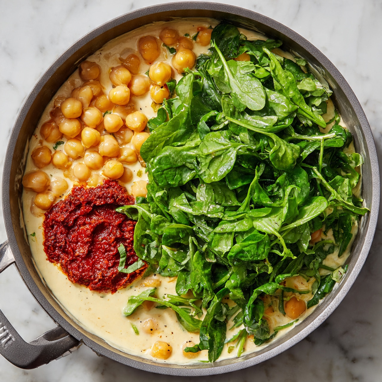 A gray pan filled with a creamy light beige sauce as the base layer, scattered with light yellow chickpeas spread evenly across the sauce. On one side of the pan, there is a small dollop of deep red paste sitting on top of the sauce. Over this, a thick layer of fresh, bright green spinach leaves covers almost half of the pan, adding a rich and vibrant color contrast. The pan is placed on a white marbled surface. photo taken with an iphone --ar 4:5 --v 7