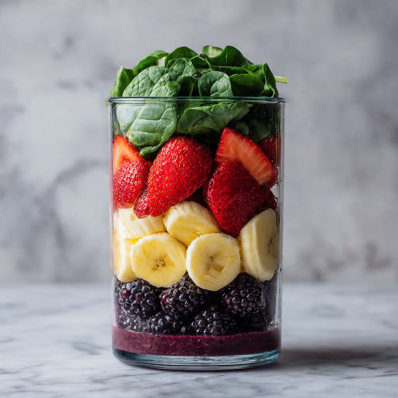The image shows a clear blender container filled with multiple colorful layers of ingredients. At the bottom, there is a layer of dark purple and black blackberries. Above that, bright red sliced strawberries with green tops are stacked closely. On top of the strawberries, there is a layer of pale yellow banana slices. Above the banana slices, there is a layer of fresh, green spinach leaves with visible veins and a few pieces of white flakes scattered on them. The background is a white marbled texture. Photo taken with an iphone --ar 4:5 --v 7