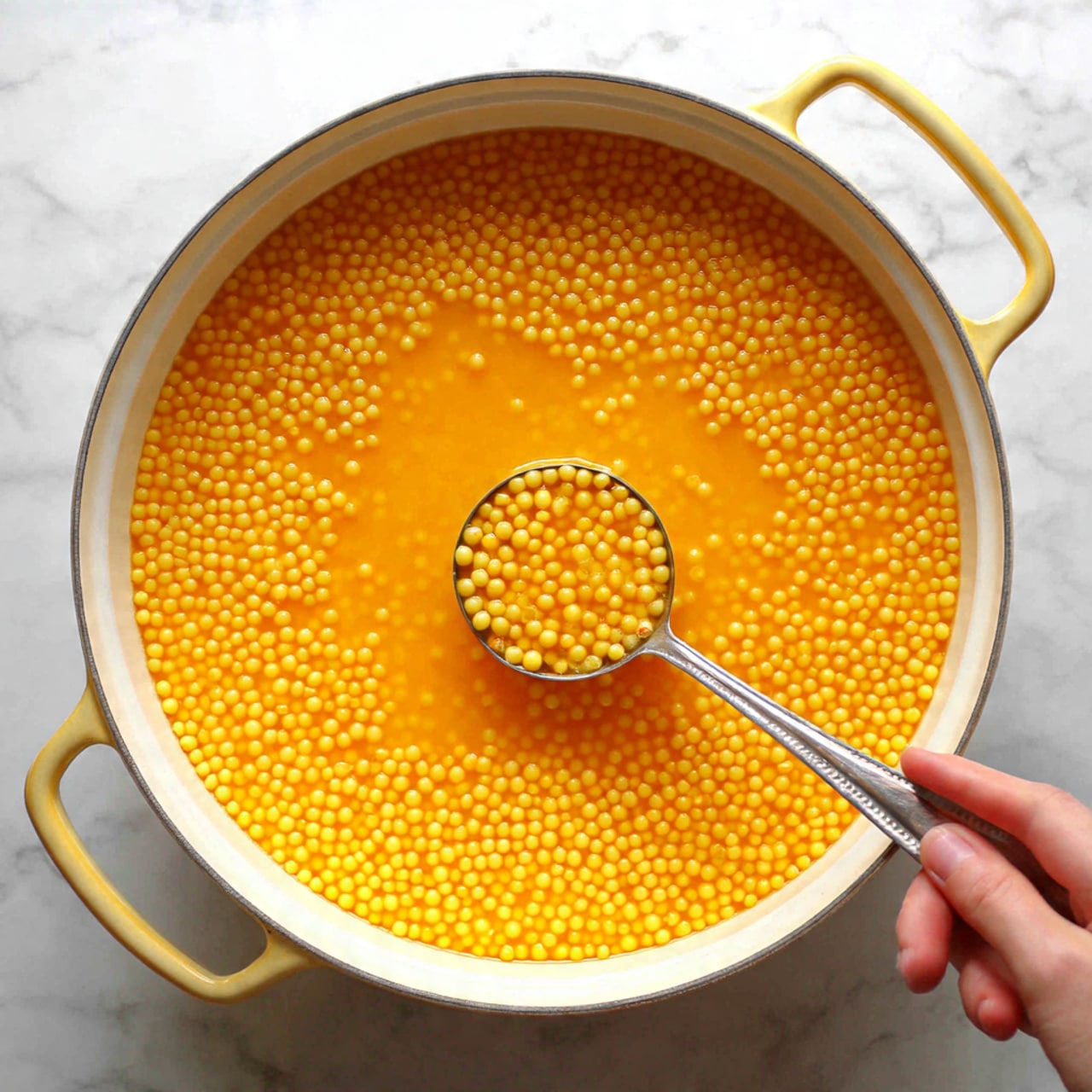 A large white cooking pot filled with a bright orange soup that has many small, round pasta pearls floating evenly throughout. The soup looks smooth with a slightly thick texture, and a metal ladle rests inside the pot, scooping some of the pasta pearls and soup. The pot has yellow handles and is set on a white marbled surface. Photo taken with an iphone --ar 4:5 --v 7