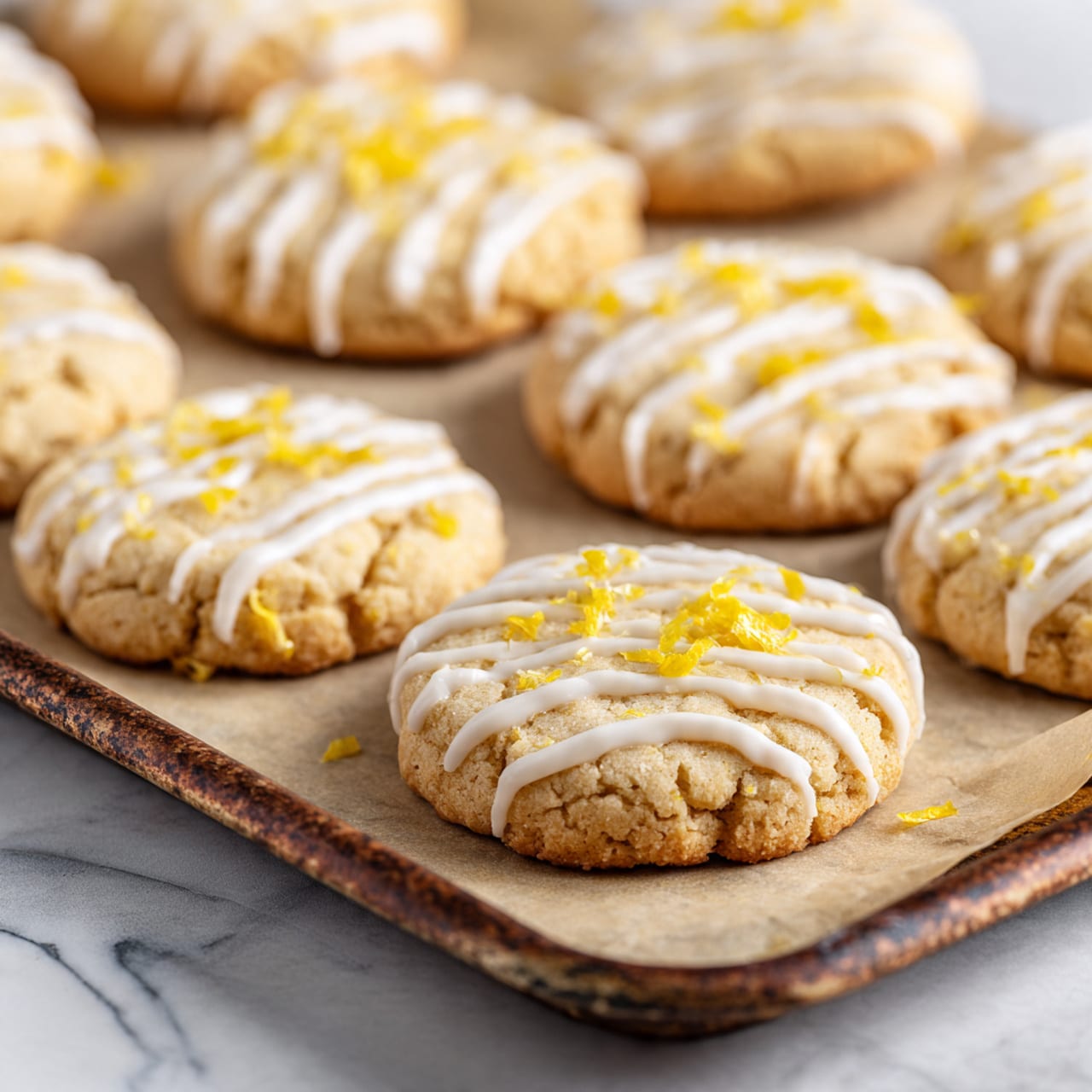 The image shows round, soft lemon cookies arranged in rows on a baking tray lined with beige parchment paper. Each cookie has a light golden color and is topped with thin white icing drizzles in stripes across the surface. Small yellow zest pieces are scattered on top of the icing, adding texture and contrast. The tray has a rustic wooden edge, and the background features a white marbled texture. The cookies appear slightly thick and fluffy, and the focus is sharp on the closest cookie with the others blurring gently in the background. photo taken with an iphone --ar 4:5 --v 7