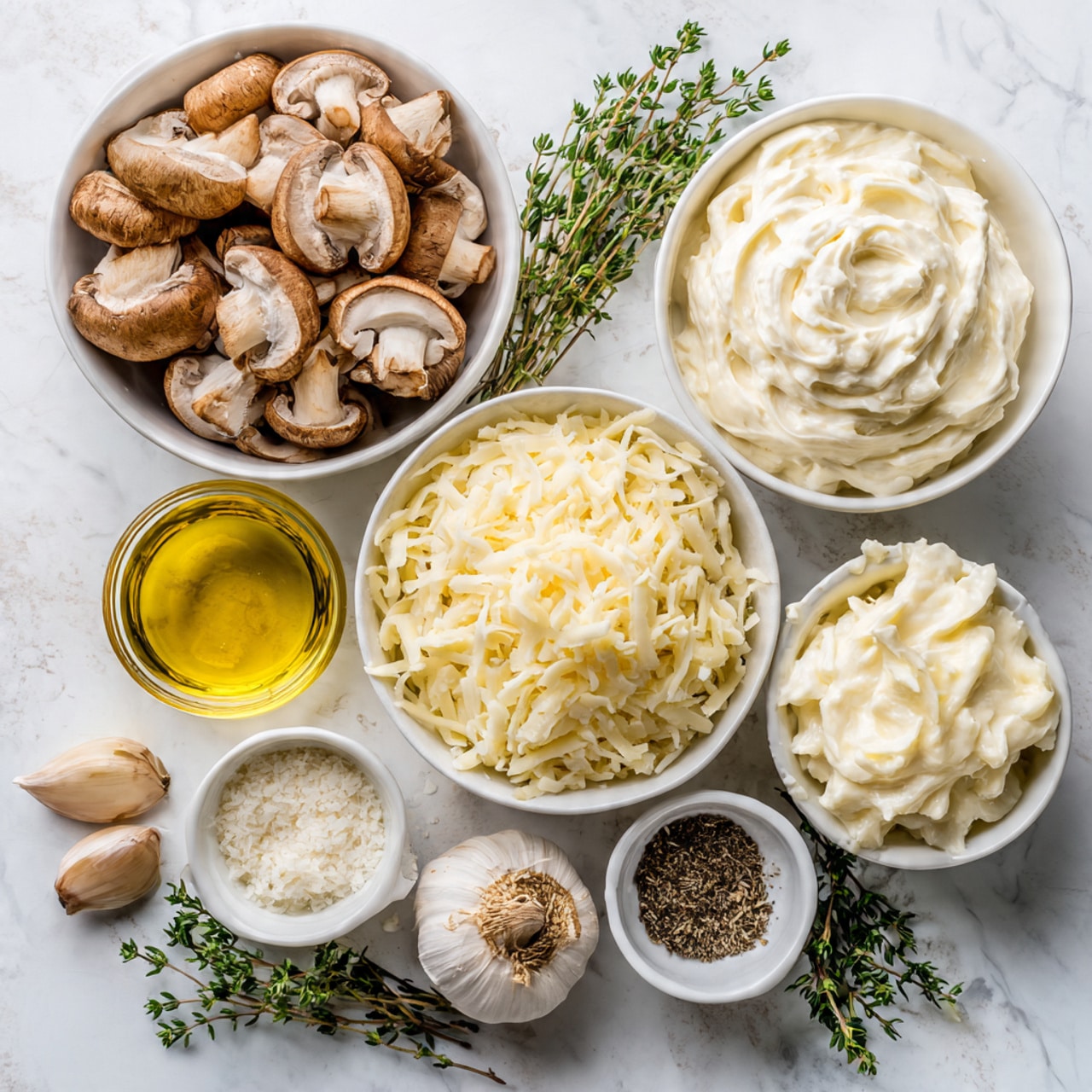 The image shows several small white bowls placed on a white marbled surface, each filled with different ingredients. The top left bowl is filled with sliced brown mushrooms with light blond stems. At the top right, there is a bowl of thick white creamy sauce with a swirled texture. Below that, slightly to the bottom right, is another bowl filled with a thick white creamy ingredient that looks smooth and dense. To the left of that bowl is a small glass cup of clear golden olive oil. Below the mushroom bowl is a small white bowl filled with shredded white cheese. Nearby are two garlic cloves with pale papery skin. There are two very small white bowls, one holding a mix of black pepper and white salt and the other containing grated pale yellow cheese. A small bunch of fresh thyme with green leaves lies at the bottom left. The arrangement is neat, and the colors are soft and natural with a clean look. Photo taken with an iphone --ar 4:5 --v 7