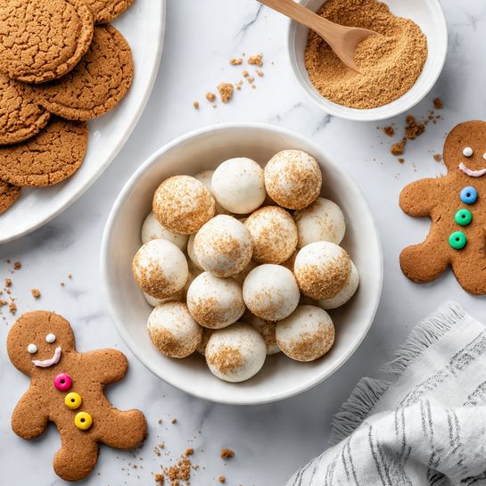 A white bowl filled with one layer of round white balls, each topped with a light brown powder. Around the white balls inside the bowl, there is one layer of whole, round ginger cookies with a rough texture and warm brown color. The bowl is placed on a white marbled surface with scattered ginger cookies around it. To the side, there is a white plate holding more ginger cookies and a small white bowl containing light brown powder with a wooden spoon resting inside. Nearby, two felt gingerbread man decorations with colorful buttons and smiling faces add a festive touch. A soft, light-striped cloth is partly visible at the corner photo taken with an iphone --ar 4:5 --v 7
