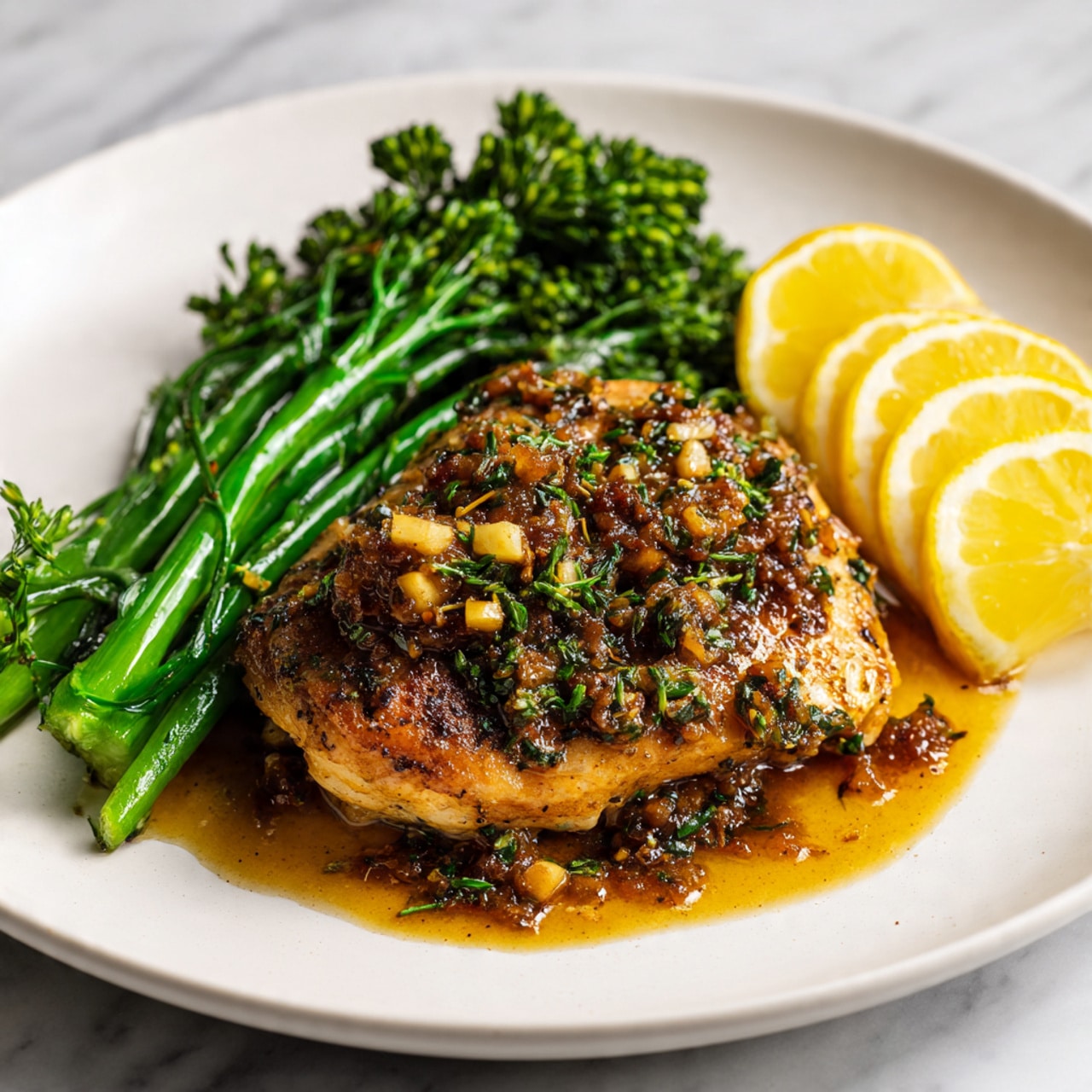 A white plate on a white marbled surface holds a cooked chicken piece covered in a browned sauce with small bits of herbs and garlic on top. To the left of the chicken are green broccolini stalks with dark green florets, placed slightly overlapping each other. Behind the chicken, there are three thin lemon slices arranged in a small stack, showing their bright yellow color. The sauce around the chicken is shiny and slightly pools on the plate. photo taken with an iphone --ar 4:5 --v 7