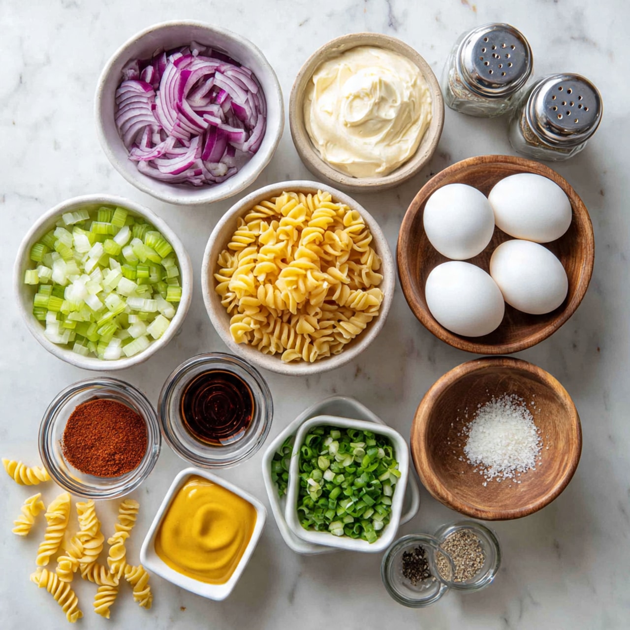 The image shows several small white bowls and a small wooden bowl on a white marbled surface, each holding a different ingredient. From top to bottom and left to right, there is a white bowl with chopped red onion, a small ceramic bowl filled with creamy mayonnaise, a wooden bowl with whole hard boiled eggs, a white bowl with chopped celery, a white bowl filled with uncooked yellow elbow pasta, a small white square bowl with smooth dijon mustard, a small white bowl with bright red paprika powder, two small clear glass shakers with salt and pepper, a small ceramic bowl with clear vinegar, a small white bowl with chopped green onion, and a small wooden bowl filled with granulated white sugar. The items are arranged neatly with some scattered yellow pasta pieces adding detail. photo taken with an iphone --ar 4:5 --v 7