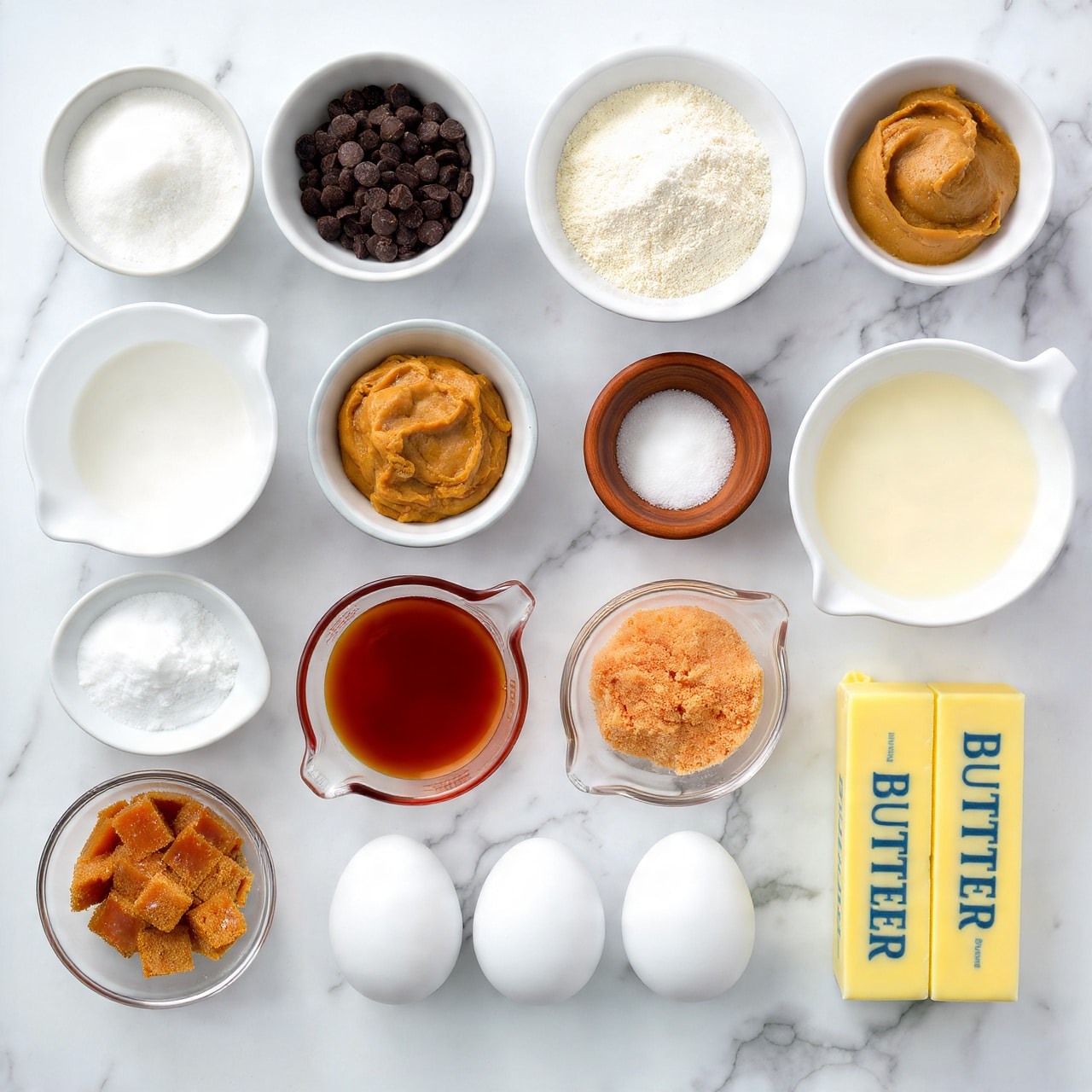 The image shows twelve small white bowls and containers arranged on a white marbled surface, each holding a different baking ingredient. From left to right and top to bottom: a small white bowl filled with white sugar, a white bowl with dark brown chocolate chips, a small clear glass bowl with smooth, light brown peanut butter, a white bowl with white flour, a small brown wooden bowl holding salt, a small brown wooden bowl with baking soda powder, a clear measuring cup with creamy off-white evaporated milk, a clear glass bowl filled with square caramel pieces of light brown color, a small clear bowl with dark amber vanilla liquid, two white eggs placed directly on the surface, a small white bowl with light brown packed brown sugar, and two sticks of butter with blue text and pale yellow color stacked together. The photo taken with an iphone --ar 4:5 --v 7