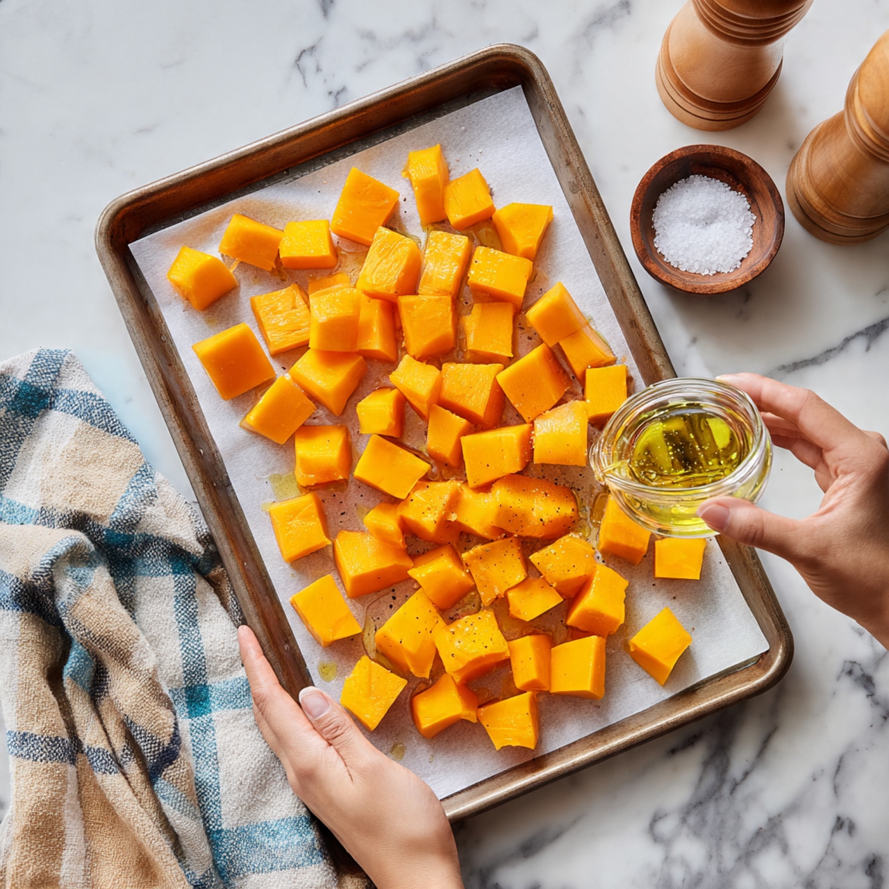 A baking tray lined with white parchment paper holds a single layer of bright orange cubed squash pieces, evenly spread out. A woman's hand pours clear golden oil from a small clear glass jar onto the squash, with the oil pooling slightly on the parchment. The tray is held steady by another woman's hand at the bottom. The tray sits on a white marbled surface with a beige and blue checkered cloth partly seen at the bottom left corner, a light wooden pepper grinder to the top right, and a small wooden bowl filled with white salt nearby. photo taken with an iphone --ar 4:5 --v 7