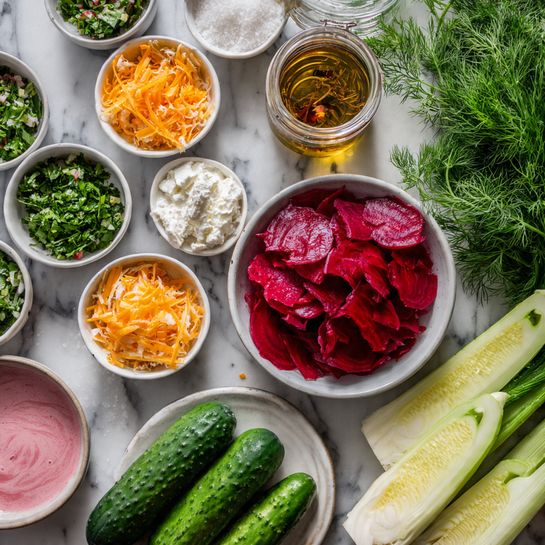 The image shows a white marbled surface with several small bowls and fresh ingredients arranged neatly. There are eleven small white bowls with various contents including finely chopped green herbs, shredded orange cheese, salt, a creamy white sauce, and a pink liquid. A larger white bowl holds thin, bright red sliced beet pieces. Fresh green herbs, three long green cucumbers, and a sliced fennel bulb with pale green stalks are spread on the right side. Near the vegetables is a glass jar with tuna in olive oil. The scene is clean and bright with colors ranging from green to red and orange. photo taken with an iphone --ar 4:5 --v 7