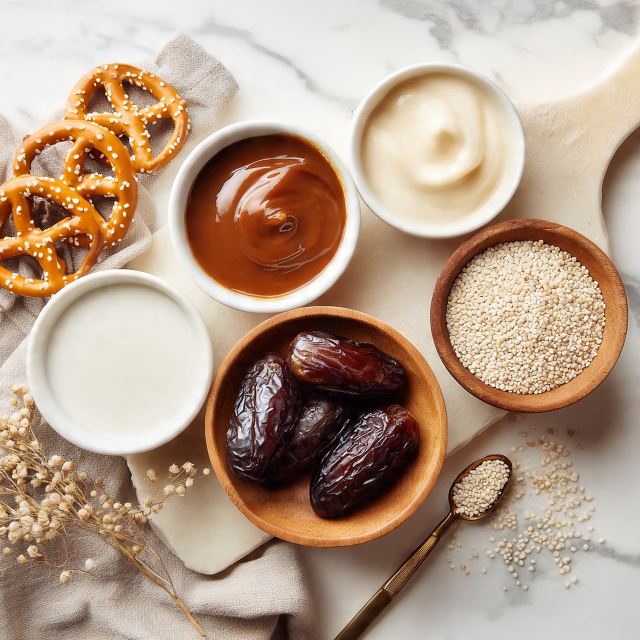 The image shows an overhead view of several small white bowls and a wooden bowl placed on a white marbled surface. The white bowl on the top left holds golden-brown pretzels with a smooth, crunchy texture. Next to it, a small white bowl contains glossy, dark brown caramel sauce with a smooth surface. Another white bowl has a small amount of creamy white liquid, resembling milk or cream. The wooden bowl in the center holds shiny, dark brown dates with a slightly wrinkled surface. On the bottom right, a wooden bowl contains off-white small grain-like pieces, with some spilled grains around it. A small spoon with a bronze handle lies next to the bowls on a light beige cutting board with a fabric napkin partially visible beneath it. Photo taken with an iphone --ar 4:5 --v 7