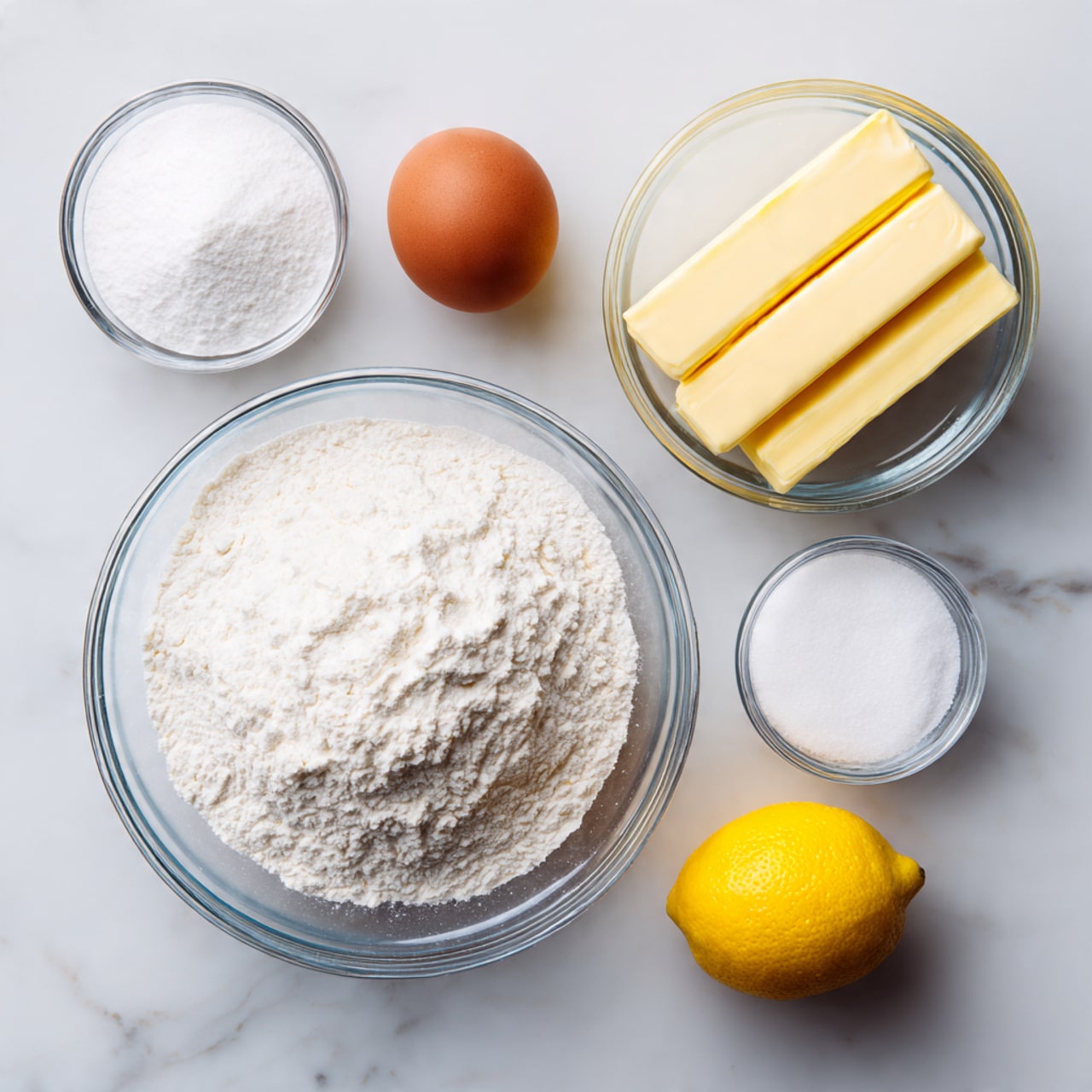 The image shows six ingredients placed neatly on a white marbled surface. At the center is a clear glass bowl filled with white flour, slightly textured on top. To its left is a smaller clear glass bowl filled with white powdered sugar. Above the powdered sugar is a small clear glass bowl with a single brown egg. To the right of the flour bowl is another clear glass bowl filled with white granulated sugar. Above the sugar bowl are two sticks of pale yellow butter, stacked side by side. Between the powdered sugar and butter sticks is one bright yellow lemon. All items are arranged in a clean and organized way, with natural lighting highlighting their colors and textures. Photo taken with an iphone --ar 4:5 --v 7