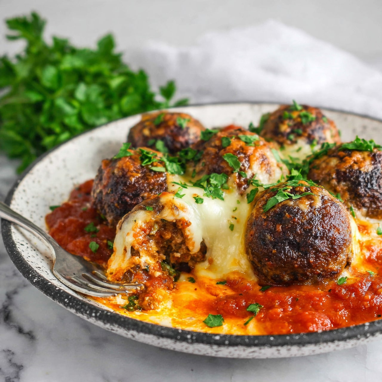 The image shows a round dish with three main visible layers. The bottom layer is a smooth red tomato sauce. The middle layer is melted yellow and white cheese spread evenly, partially covering the top layer. The top layer has round browned meatballs coated with sauce and melted cheese, scattered evenly across the dish. Green chopped herbs are sprinkled over the meatballs and cheese for color. The dish is placed on a white marbled surface with a black and white checkered cloth partially visible on the side. Photo taken with an iphone --ar 4:5 --v 7