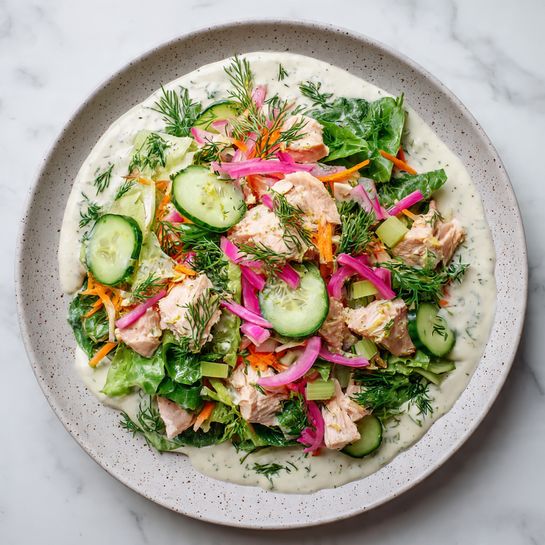 The image shows a four-part sequence of making a fresh salad dish, all placed on a white marbled surface. In the top left, a white bowl contains layers of sliced green cucumbers, leafy greens, orange shredded carrots, bright pink pickled onions, light green celery slices, fresh dill, and chunks of light pink salmon, all arranged separately in visible sections. The top right image shows the same bowl with all ingredients thoroughly mixed together, displaying a colorful mix of green, pink, orange, and light pink bits. The bottom left image shows a white speckled plate with a thick, even layer of creamy white sauce spread over the surface. The bottom right image shows the same plate with a mound of the mixed salad from before placed on top of the sauce, creating a colorful and fresh-looking salad presentation, with the greens and salmon sitting atop the white creamy base. photo taken with an iphone --ar 4:5 --v 7