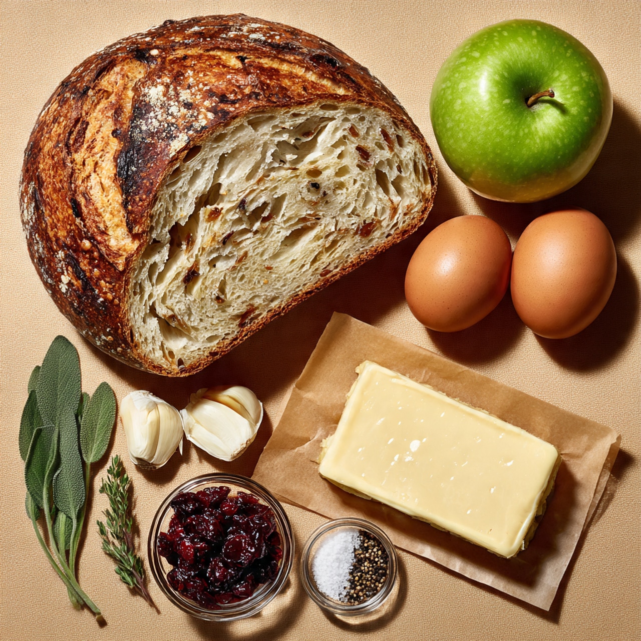 The image shows a white marbled surface with several food ingredients arranged neatly. There is a sliced loaf of sourdough bread with a golden brown crust and soft, light beige interior on the left. Near the top right, a whole shiny green Granny Smith apple is placed. Below the apple, two smooth brown eggs sit side by side. Fresh herb sprigs of green sage and thyme are arranged towards the left side. Three white garlic cloves with purple streaks are grouped in the middle. A small pile of dark red dried cranberries is near the right. Below them is a rectangular block of pale yellow unsalted butter resting on parchment paper. Two small glass bowls hold black pepper and white sea salt near the bottom center. Each ingredient is labeled with bold text in black boxes. photo taken with an iphone --ar 4:5 --v 7