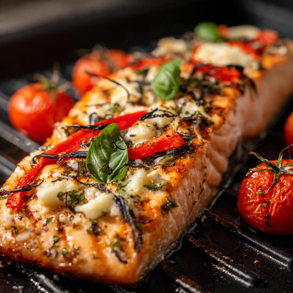 Caprese Stuffed Salmon with Balsamic Roasted Tomatoes Recipe