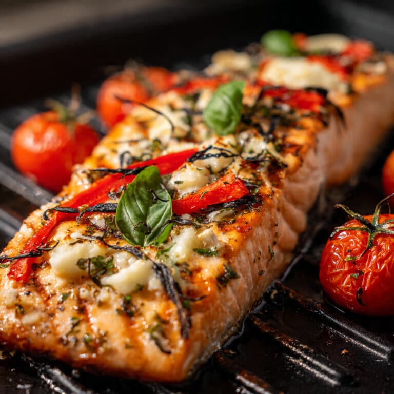 Caprese Stuffed Salmon with Balsamic Roasted Tomatoes Recipe