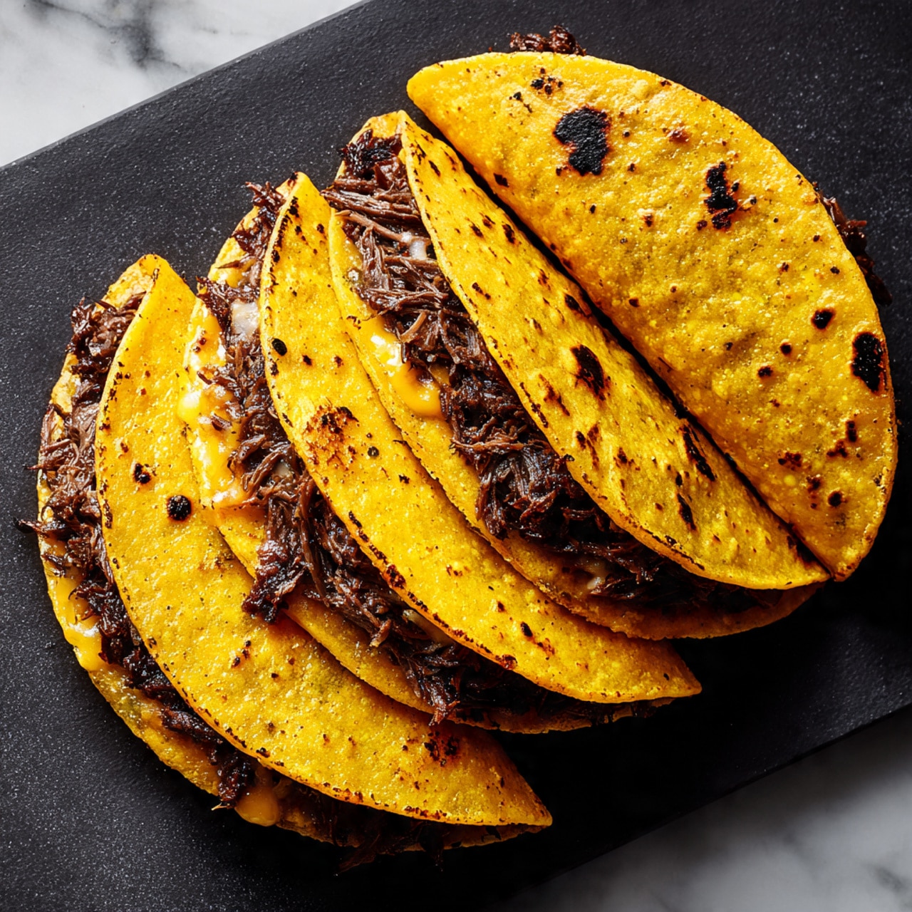 The image shows three folded tacos arranged in a diagonal line on a dark cooking surface. Each taco has a golden-brown toasted tortilla on the outside with small charred spots adding texture. Inside, there is a filling of shredded dark brown meat mixed with melted white cheese. The edges of the meat and cheese peek out slightly from the tortillas. The overall look is warm and crispy with a mix of soft and slightly crunchy textures. The background is a white marbled texture. Photo taken with an iphone --ar 4:5 --v 7
