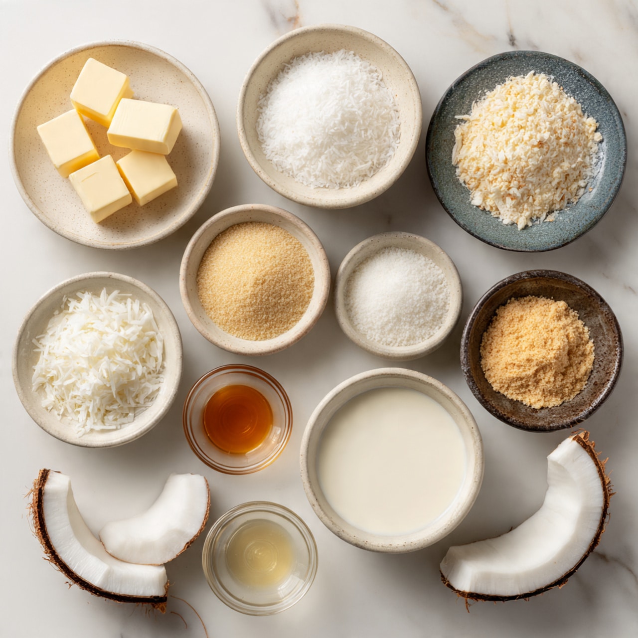 The image shows eleven small white and clear bowls placed on a white marbled surface. Each bowl contains different ingredients including three cubes of pale yellow butter, a bowl of thick white yogurt or cream, shredded white coconut, solid white coconut pieces with brown edges, fine white granulated sugar, light golden brown crushed crumbs, light amber liquid, thick white milk or cream, fine salt, and a small amount of dark golden syrup. The ingredients are neatly arranged with the solid coconut pieces and three curved coconut slices placed directly on the marbled surface. Photo taken with an iphone --ar 4:5 --v 7