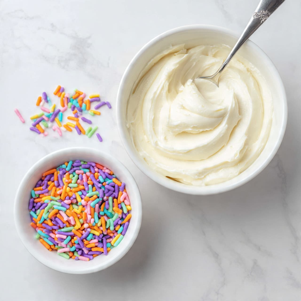 A white bowl filled with smooth, creamy white frosting, with a spoon inside scooping some of the frosting. On top of the frosting are colorful, small cylindrical sprinkles in orange, purple, pink, green, blue, and yellow scattered mostly on one side. Next to the bowl is a smaller white bowl full of the same colorful sprinkles. Both bowls sit on a white marbled surface that adds a clean and elegant look. photo taken with an iphone --ar 4:5 --v 7