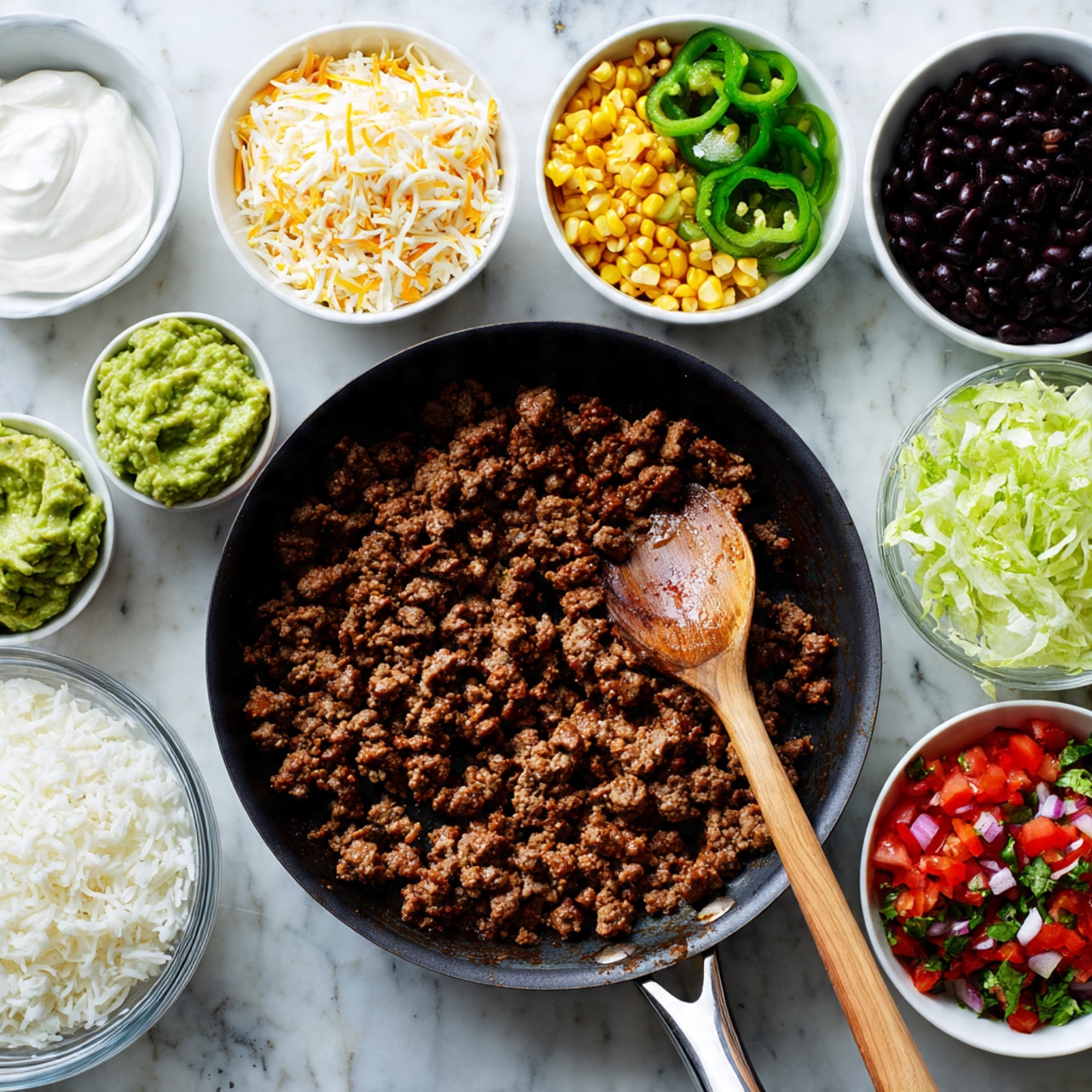The image shows a frying pan in the center with browned ground beef cooked into small, crumbly pieces, with a wooden spoon resting inside the pan. Surrounding the pan are eight small white bowls arranged on a white marbled surface. Starting from the top left, the first bowl contains shredded white cheese, followed to the right by a bowl of yellow corn mixed with chopped green herbs and small red onion pieces. Next to the right is a bowl with sliced cooked green bell peppers and onions, then a bowl filled with white sour cream. Moving clockwise, there is a bowl with black beans, followed by a bowl of mashed green guacamole. Another bowl contains diced red tomatoes mixed with green herbs and onions, and the last bowl holds shredded lettuce. A clear glass bowl with cooked white rice is at the bottom left. photo taken with an iphone --ar 4:5 --v 7