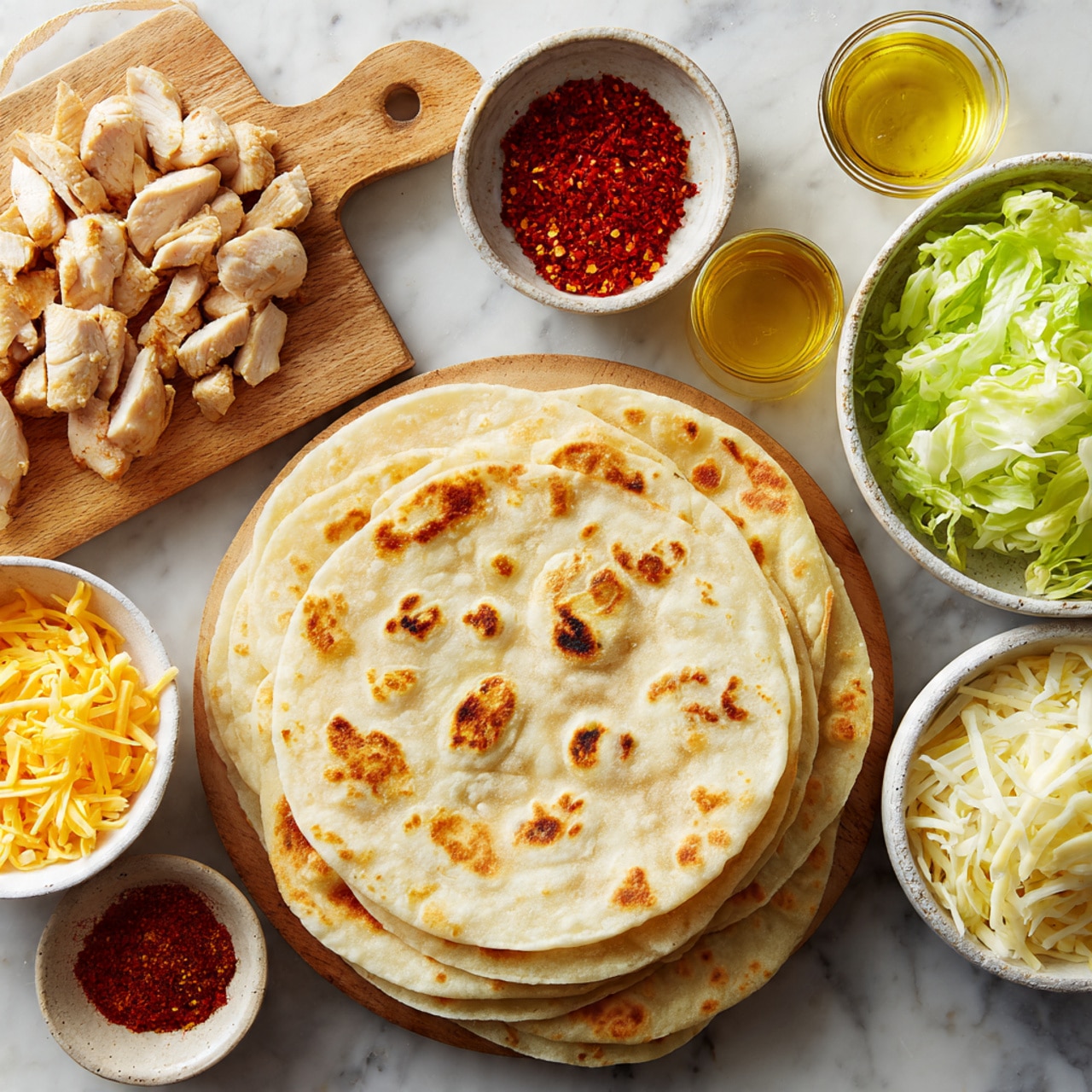 The image shows a top-down view of several taco ingredients neatly arranged on a white marbled surface. In the center, there is a stack of soft, light brown tortillas with subtle toasted spots, around 8 layers high. To the right, there is a stack of slightly darker toasted tortillas also about 8 layers high. At the top left, sliced cooked chicken pieces with a light golden brown color rest on a wooden cutting board. Below the chicken, a small glass bowl contains golden olive oil. Near the center top, a small round bowl holds red chili powder with a grainy texture. To the right of the chili powder, a white bowl is filled with fresh, bright green leafy lettuce. In the bottom left, a small white bowl contains shredded yellow cheese, and next to it, a round bowl filled with finely shredded pale green cabbage. On the bottom right, another bowl contains shredded white cheese with a stringy texture. The rustic look of the wooden used board contrasts with the clean white marbled surface. photo taken with an iphone --ar 4:5 --v 7