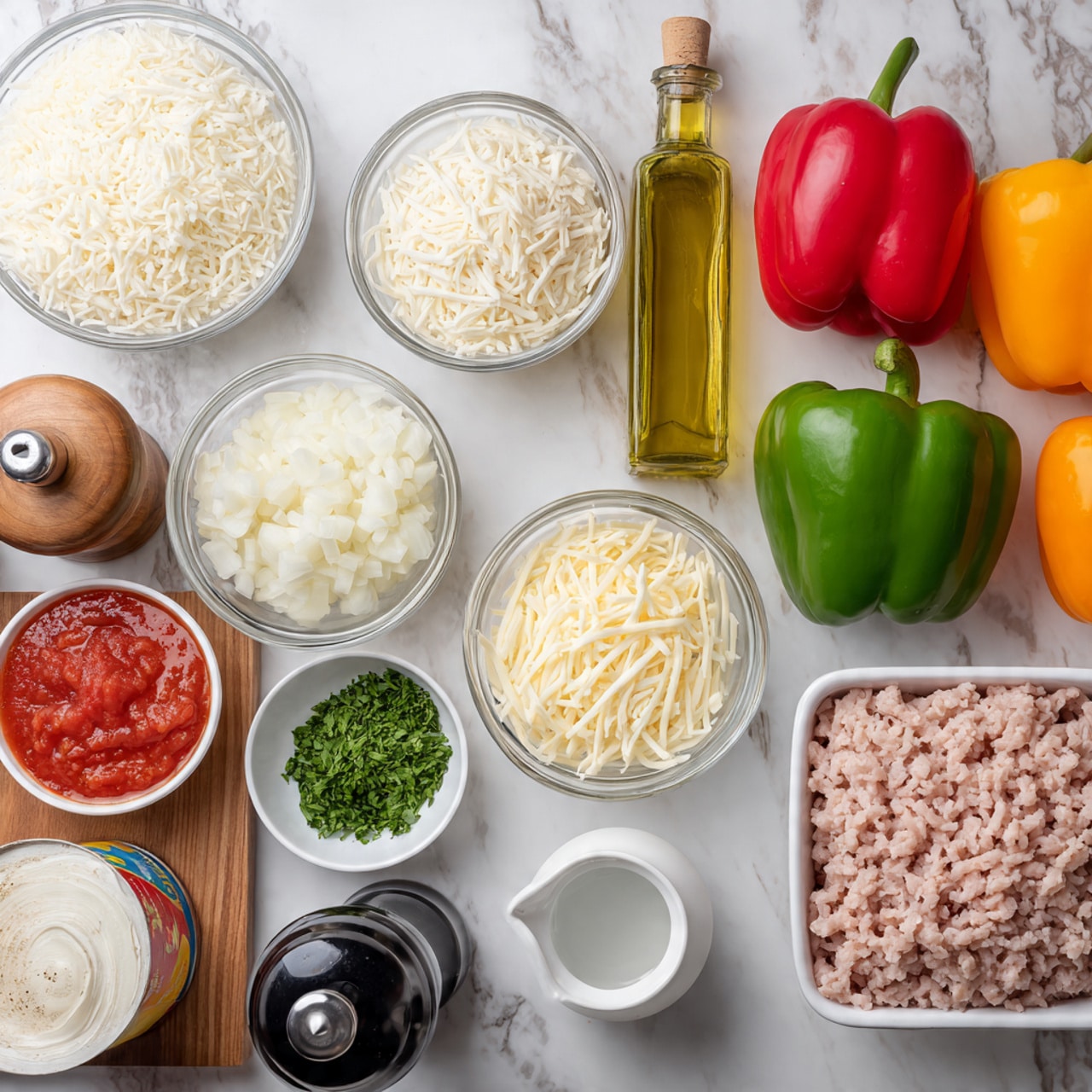 The image shows a group of ingredients arranged neatly on a white marbled surface, each in a white bowl or container. There are two clear bowls with cooked white rice and shredded mozzarella cheese, placed near the top center. To the right, three fresh bell peppers in green, red, and orange rest side by side, next to a clear bottle of olive oil. In smaller white bowls, there are chopped onions, minced garlic, shredded parmesan, dried Italian seasoning, and chopped green parsley pepper. A can of diced tomatoes with a red and white label stands near the center, next to a plastic tray holding raw ground turkey with pale pink color and a ridged texture. Nearby is a wooden salt container with a lid and a black pepper grinder. A small white cup with water is also present, completing this fresh and colorful set of cooking ingredients. Photo taken with an iphone --ar 4:5 --v 7