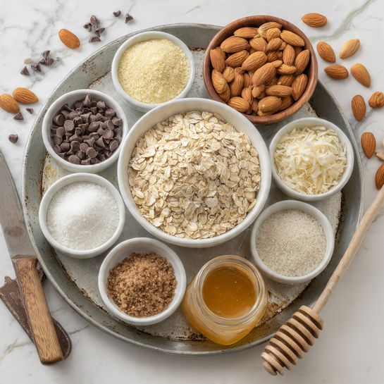 A large white bowl filled with light brown rolled oats sits on a metal tray with a worn surface, surrounded by smaller white bowls each holding different ingredients: dark chocolate chips, light brown almond flour, off-white shredded coconut, beige hemp seeds, and a small glass jar of light brown almond butter. There is also a small white bowl of golden honey with a honey dipper resting inside it. A wooden bowl filled with whole almonds is in the top right corner. Scattered almonds, chocolate chips, rolled oats, and shredded coconut are on the white marbled surface around the tray. The scene includes a woman's hand holding a knife with a wooden handle resting on the edge of the tray. The photo taken with an iphone --ar 4:5 --v 7