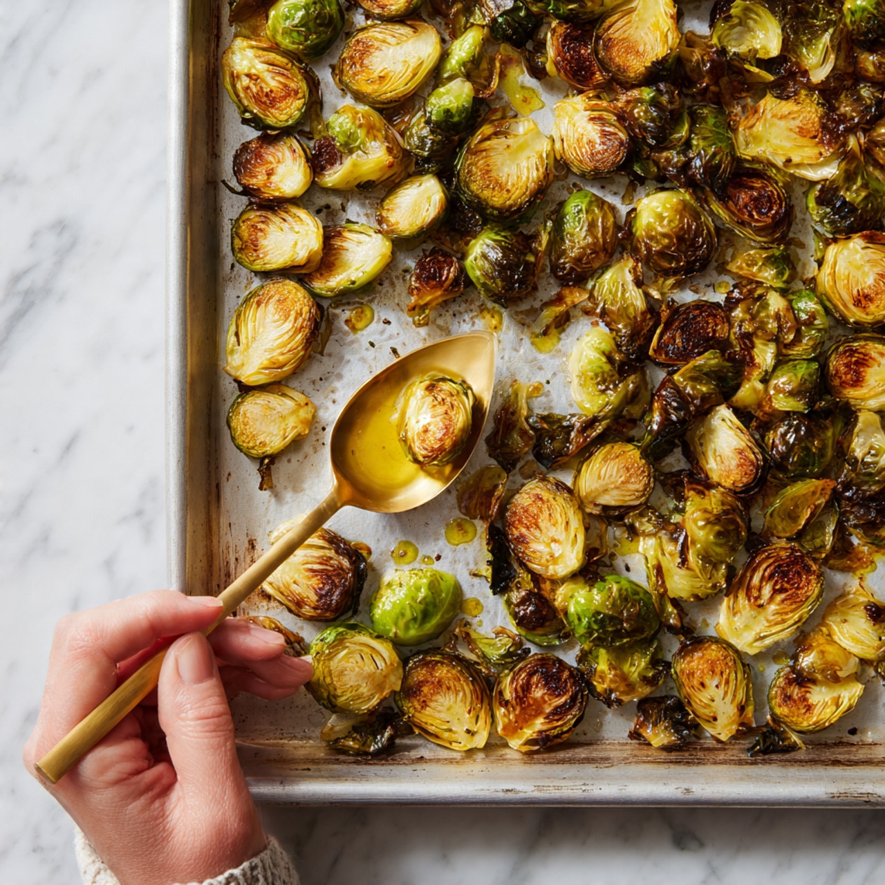 A large tray filled with roasted Brussels sprouts that are cut in half, showing their layers. The outer leaves are browned and slightly crisp, ranging from dark green to deep golden brown. The inner layers are lighter, with a soft yellow-green color and caramelized edges. A woman's hand is holding a golden spoon that scoops some Brussels sprouts from the tray, with oil droplets visible on the tray's surface. All of this is set on a white marbled surface. photo taken with an iphone --ar 4:5 --v 7