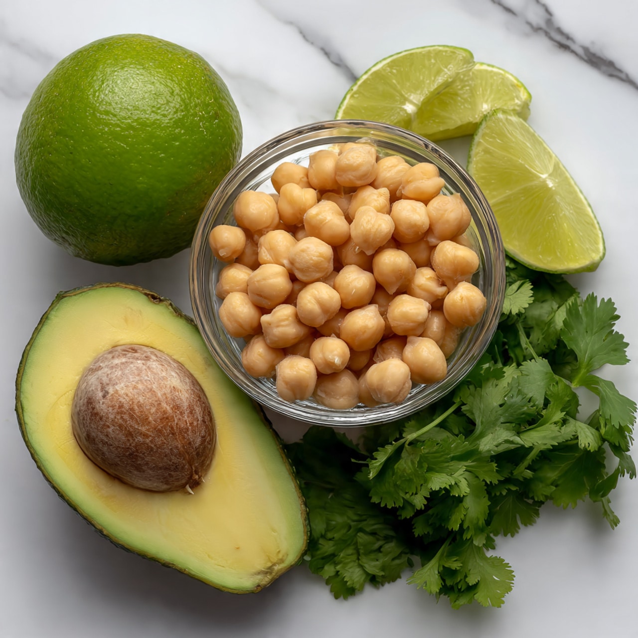 A clear glass bowl filled with light tan chickpeas sits in the center of the image, showing the smooth, round shapes of the beans closely packed together. To the left of the bowl, there is a whole green lime with a slightly shiny skin and two halves of an avocado; one half with a large brown seed and the other showing the creamy pale green inside. To the right of the bowl are fresh green cilantro leaves with visible veins and a slightly rough texture. All items rest on a white marbled surface. Photo taken with an iphone --ar 4:5 --v 7