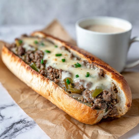 A long sandwich is shown with three clear layers inside a white, browned, toasted bun. The bottom layer is cooked ground beef mixed with small bits of onion and green pepper, having a chunky, crumbly texture and brown color. Above this is a layer of melted white cheese that appears creamy and smooth, stretching slightly with some small brown spots on top from baking. Green chopped herbs, possibly chives, are sprinkled on the cheese as the top layer. The sandwich rests on brown paper with a white marbled surface beneath. In the background, there is a small white cup of creamy light sauce. photo taken with an iphone --ar 4:5 --v 7