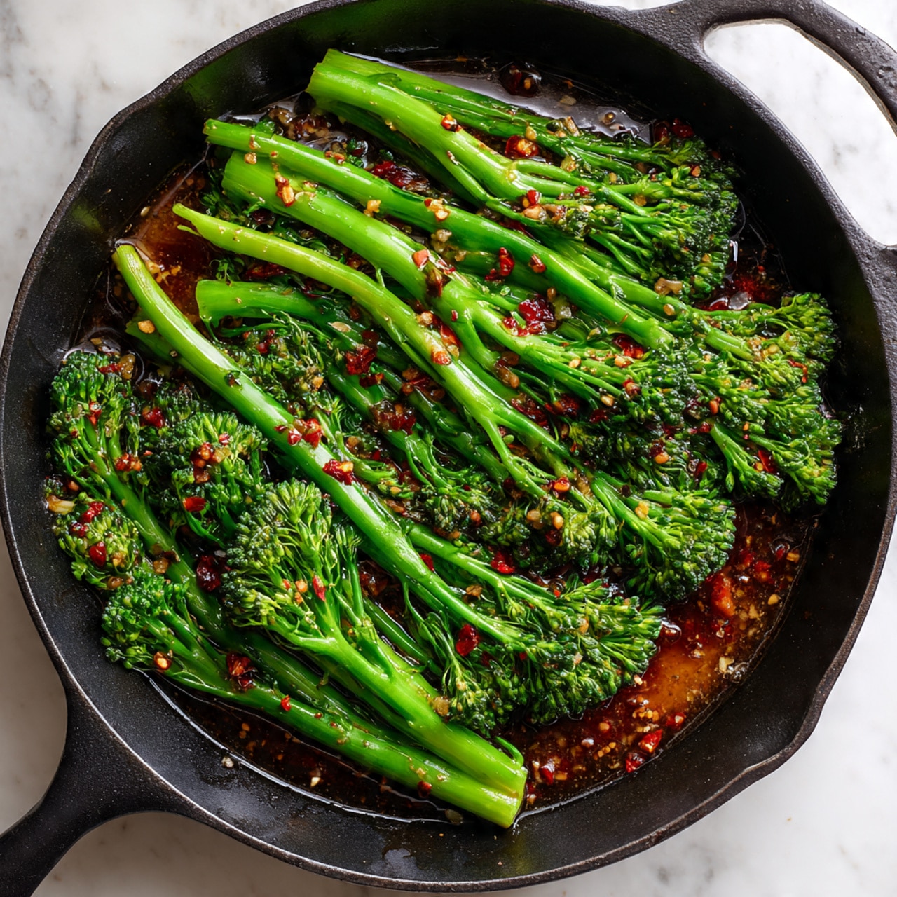 A black skillet filled with seven bright green broccolini stalks arranged loosely across the pan. The broccolini has a fresh, slightly shiny texture from being cooked. Around the broccolini, there is a shallow layer of sizzling brown sauce mixed with small bits of garlic and red chili flakes, creating a rich, textured base. The skillet sits on a white marbled surface, enhancing the vibrant green and earthy colors. photo taken with an iphone --ar 4:5 --v 7