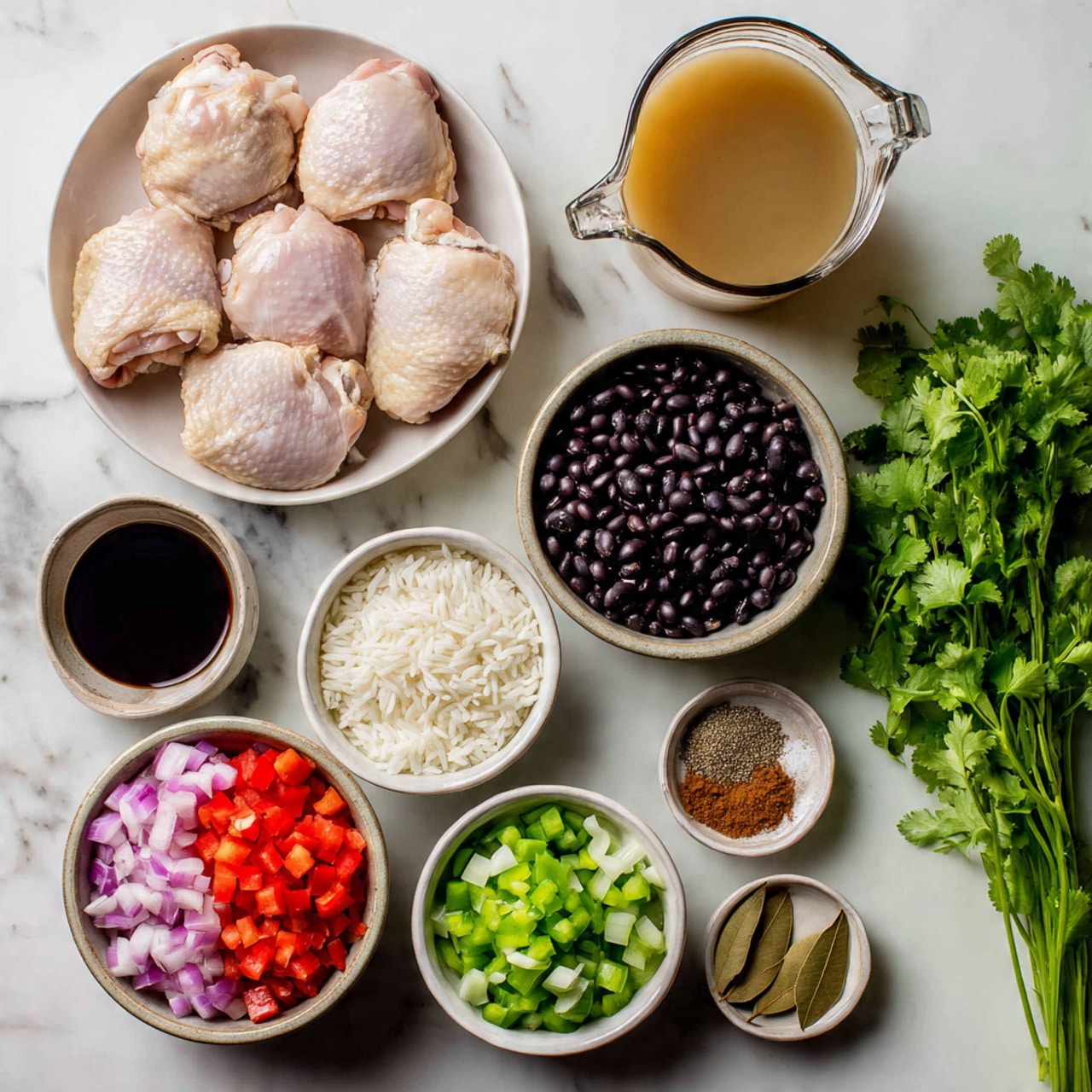 A collection of raw cooking ingredients arranged on a white marbled surface, including a white bowl filled with six pale pink chicken thighs with skin, a bowl of black beans that are shiny and dark, and a bowl of white uncooked rice with individual grains visible. There is a bowl with chopped red and green bell peppers showing bright color, and another bowl filled with diced white onions. Small bowls hold various spices in earthy colors like brown, red, and green, alongside ground black pepper and garlic chopped finely. A small bowl contains dark soy sauce, and another small bowl holds three brown bay leaves. There is a glass pitcher with light brown broth, and a fresh bunch of bright green cilantro with leaves and stems on the side. Photo taken with an iphone --ar 4:5 --v 7