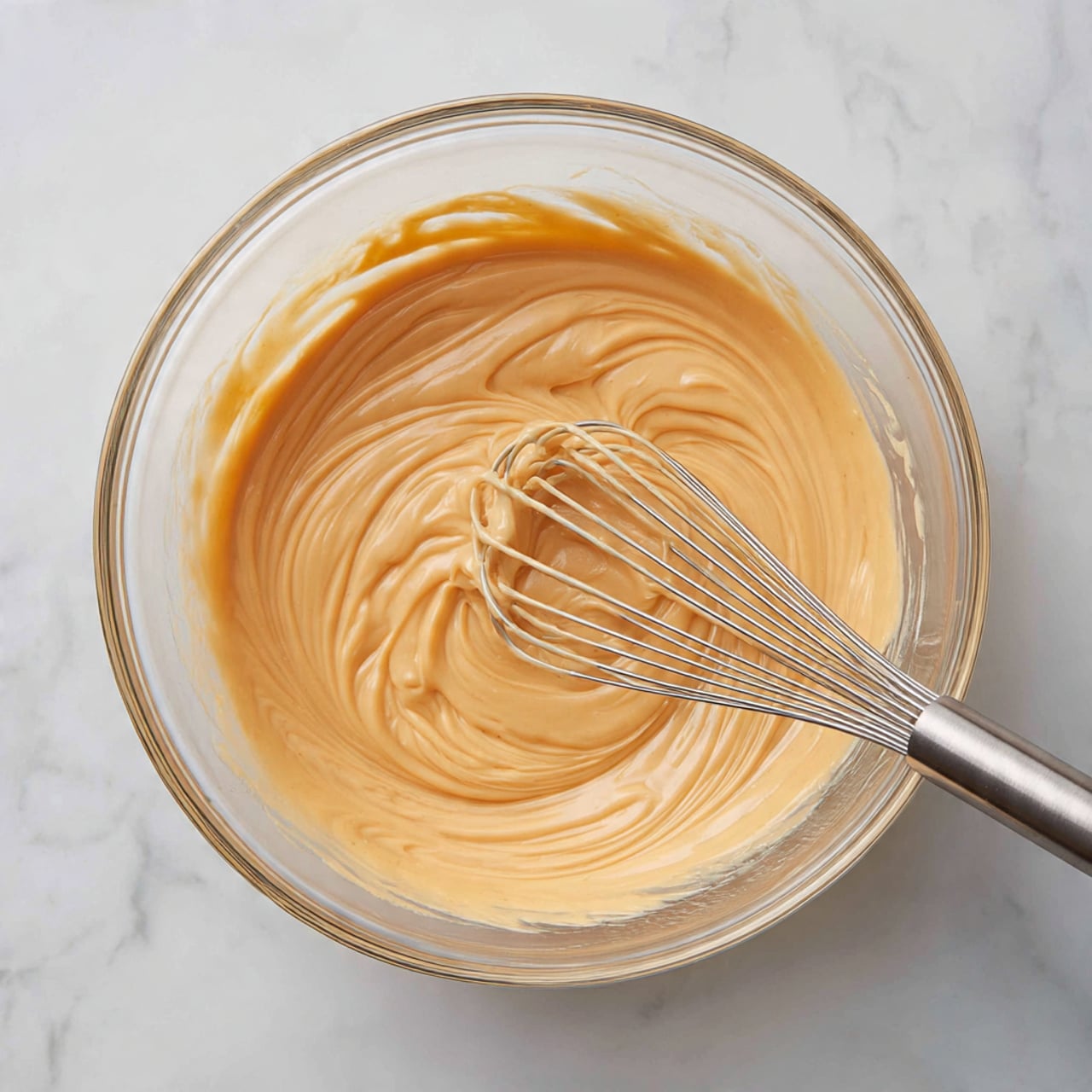 A clear glass bowl filled with smooth, creamy light orange batter, with soft swirls showing the mixture's texture. A silver metal whisk is inside the bowl, resting slightly tilted with some batter on its wires, creating a sense of motion. The bowl sits on a white marbled surface, giving a clean and bright look to the scene. photo taken with an iphone --ar 4:5 --v 7
