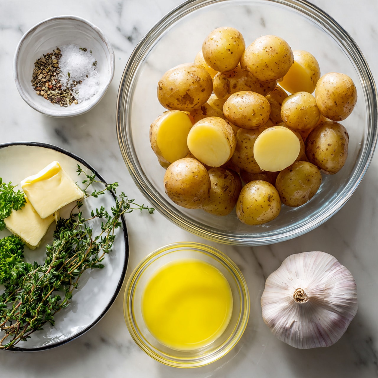 A clear glass bowl filled with halved baby potatoes showing their light yellow inside and brown skin sits on a white marbled surface. To the right, a whole garlic bulb rests beside a small clear bowl holding salt and black pepper mixed side by side. Below, a small clear bowl contains melted yellow butter, and next to it is a white plate with a thin black rim holding fresh green thyme sprigs and parsley leaves. The whole setup is on a clean white marbled background, with soft natural light enhancing the colors, photo taken with an iphone --ar 4:5 --v 7