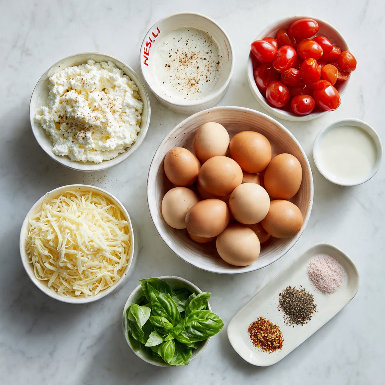 The image shows a white bowl filled with many brown eggs placed on a white marbled surface. Around it, there are smaller white bowls: one with white cottage cheese with a lumpy texture, another with smooth white cream or milk, a bowl with bright red cherry tomatoes, a bowl with thin shredded pale yellow cheese, and a smaller bowl with fresh green basil leaves. A shallow white dish displays three small piles of dry spices, with colors of light tan, pink, and black. All items are neatly arranged and evenly spaced. Photo taken with an iphone --ar 4:5 --v 7