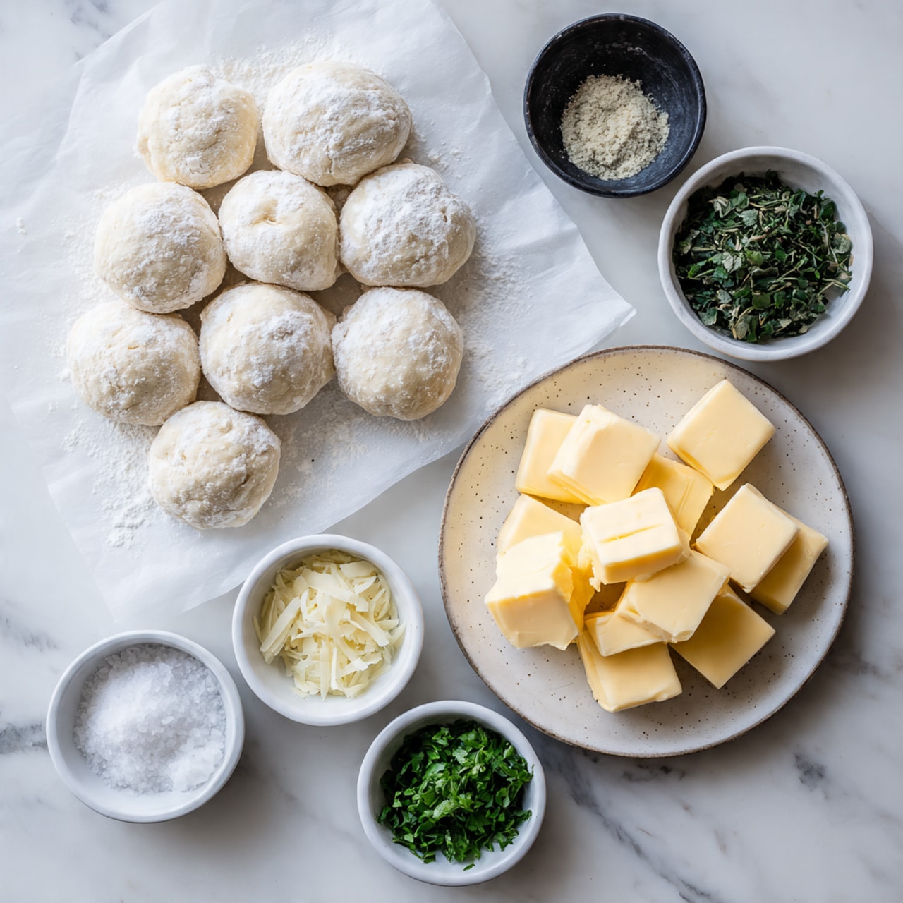 The image shows a group of small, round dough balls covered in flour, stacked on white parchment paper on the left side. To the right, there are five small white bowls arranged in two rows, each containing different ingredients: flaky salt in a black bowl, chopped garlic in a white bowl, and three bowls with various dried green herbs. On the far right, there is a white speckled plate filled with several large yellow cubes of butter. All of this is placed on a white marbled surface. Photo taken with an iphone --ar 4:5 --v 7