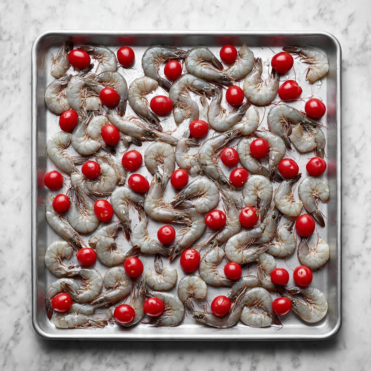A metal baking tray filled with raw gray shrimp spread out evenly in neat rows. Scattered among the shrimp are small, bright red grape tomatoes placed randomly, giving a contrast of color to the gray shrimp. The tray sits on a white marbled surface, and the image has a clean and fresh look. photo taken with an iphone --ar 4:5 --v 7