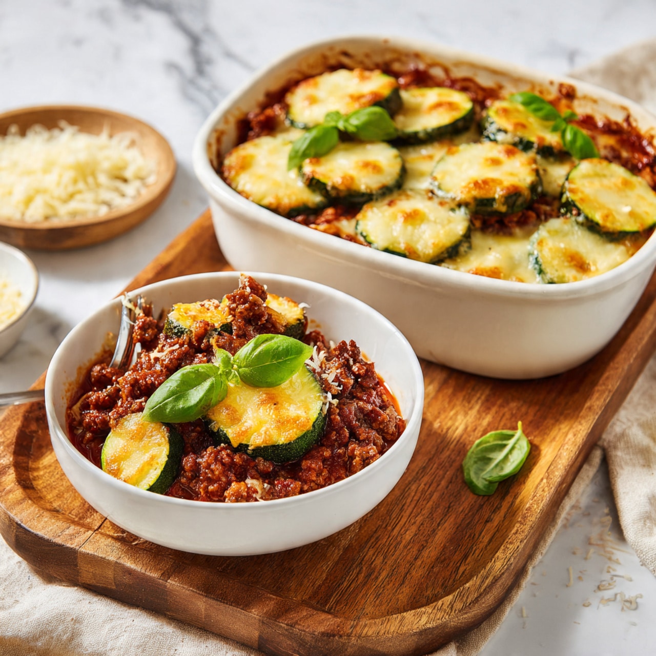 A white bowl holds a cooked zucchini and meat casserole with about three visible layers: a base layer of chunky tomato sauce mixed with browned ground meat and zucchini slices, a middle layer of tender zucchini rounds cooked soft with sauce, and a top layer sprinkled with melted golden cheese and a small fresh green basil leaf for garnish. Next to the bowl is a large white baking dish filled with the same casserole, showing multiple layers of browned melted cheese on top, thick slices of zucchini, ground meat mixed with tomato sauce, and fresh basil leaves decorating the top. The dishes sit on a wooden board over a white marbled surface with a small white bowl of grated cheese and a fork in the bowl. Photo taken with an iphone --ar 4:5 --v 7