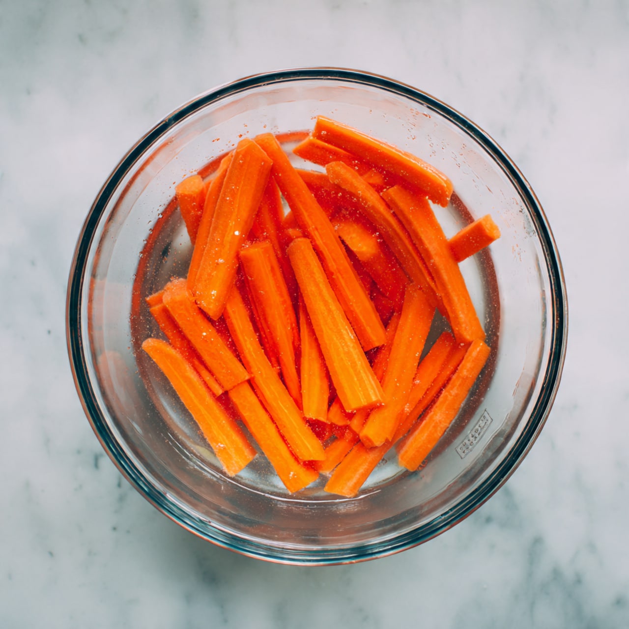 A clear round glass bowl is filled with bright orange carrot sticks cut into long, thin rectangular pieces, fully submerged in clear water. The carrot sticks show slightly different shades of orange with smooth, wet surfaces reflecting light. The bowl is placed on a white marbled surface, and the image is captured from above with soft natural light creating gentle shadows inside the bowl. photo taken with an iphone --ar 4:5 --v 7
