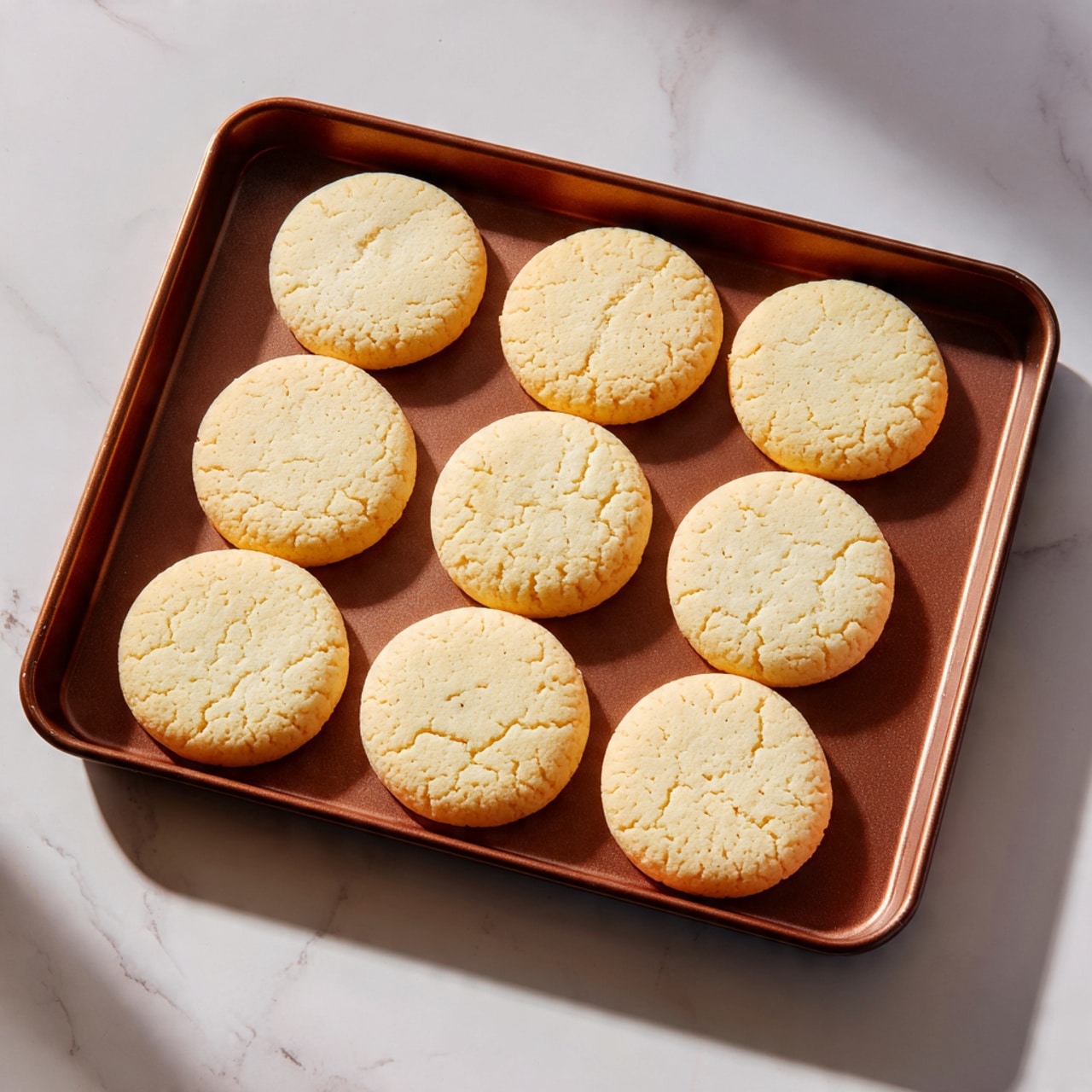 A brown baking tray holds eight round cookies arranged in two rows of three with two in the bottom row, each cookie pale yellow with small dark specks, showing a slightly cracked and soft texture. The tray rests on a white marbled surface under bright light, highlighting the cookies' slightly raised centers and delicate cracks around their edges. photo taken with an iphone --ar 4:5 --v 7