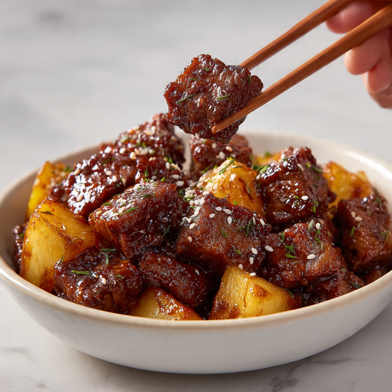 The image shows a white bowl filled with chunks of dark brown, glazed meat that appear shiny and tender. Mixed with the meat are several pieces of golden-yellow potatoes that have a soft texture and slightly charred edges. A pair of brown wooden chopsticks held by a woman's hand is lifting a square piece of the glazed meat above the bowl, highlighting its glossy, rich surface. Small bits of white seasoning are sprinkled over the dish, adding contrast. The bowl sits on a white marbled surface. photo taken with an iphone --ar 4:5 --v 7