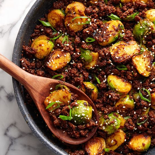 Sweet Chili Ground Beef and Brussels Sprouts Skillet Recipe