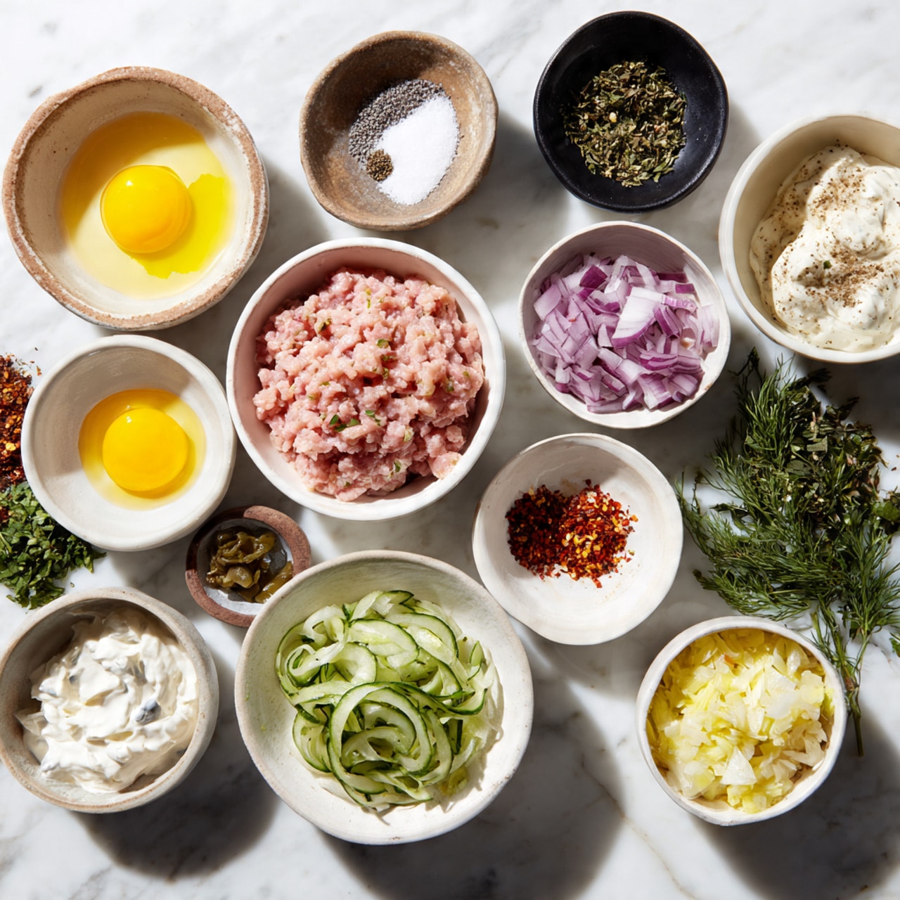 The image shows multiple small white bowls arranged on a white marbled surface, each holding different ingredients. Starting from the bottom left is a bowl filled with light pink ground meat, next to it on the right is a bowl with creamy white yogurt or sour cream. Above the meat bowl sits a small black bowl with diced purple onions. To the left of that is a white bowl with one raw egg showing the yellow yolk and white. Above that is a black bowl split with black pepper on one half and white salt on the other. Moving clockwise, to the right of the onion is a tiny white bowl with red pepper flakes, above it to the right another white bowl contains a pale yellow liquid, possibly oil. Next on the right is another small white bowl with chopped or mashed light yellow garlic. Below and left from the garlic is a white bowl holding shredded light green cucumber. To the right of the cucumber are fresh green herbs on the marble surface. Near the center is a tiny brown bowl with a red sauce and a small pale green bowl with brown spices, and a white bowl with bright yellow lemon zest. All bowls have smooth textures and the scene is brightly lit. Photo taken with an iphone --ar 4:5 --v 7