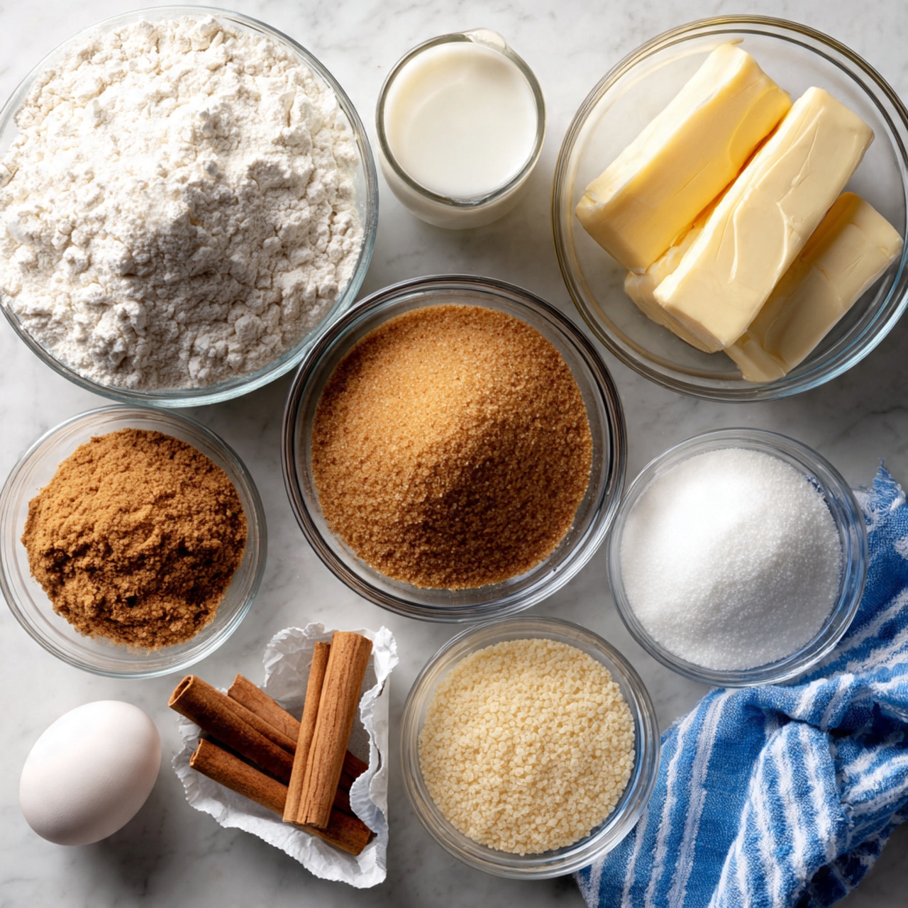 The image shows a flat lay of baking ingredients placed on a white marbled surface. There is a large clear glass bowl filled with white flour at the bottom left. Above it, a clear glass cup holds white milk. Next to the flour bowl, there is a medium clear glass bowl filled with light brown sugar in the middle. Below the brown sugar is a small clear glass bowl containing brown cinnamon powder. To the right of the brown sugar, two sticks of wrapped butter lie side by side. Below the butter, there is a white egg. A small clear glass bowl with beige yeast granules is placed near the egg, and another small clear glass bowl with white granulated sugar is below the yeast. A blue and white striped cloth is placed at the far right of the image. Photo taken with an iphone --ar 4:5 --v 7