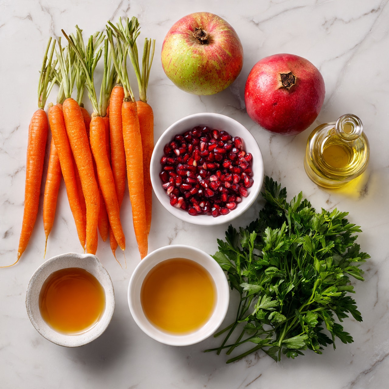 The image shows fresh ingredients laid out on a white marbled surface. There is a bunch of bright orange carrots with green leafy tops on the left side. Next to the carrots are two whole apples, one red and one green. Below the apples is a small white bowl filled with deep red pomegranate seeds. To the right of the bowl is a small clear bottle of light yellow olive oil. Below that is a small white bowl filled with a light brown liquid labeled as apple cider vinegar. Underneath the pomegranate bowl is a small white bowl with golden maple syrup. A small bunch of fresh green parsley is placed under the carrots. The ingredients are clearly spaced and neatly arranged. Photo taken with an iphone --ar 4:5 --v 7
