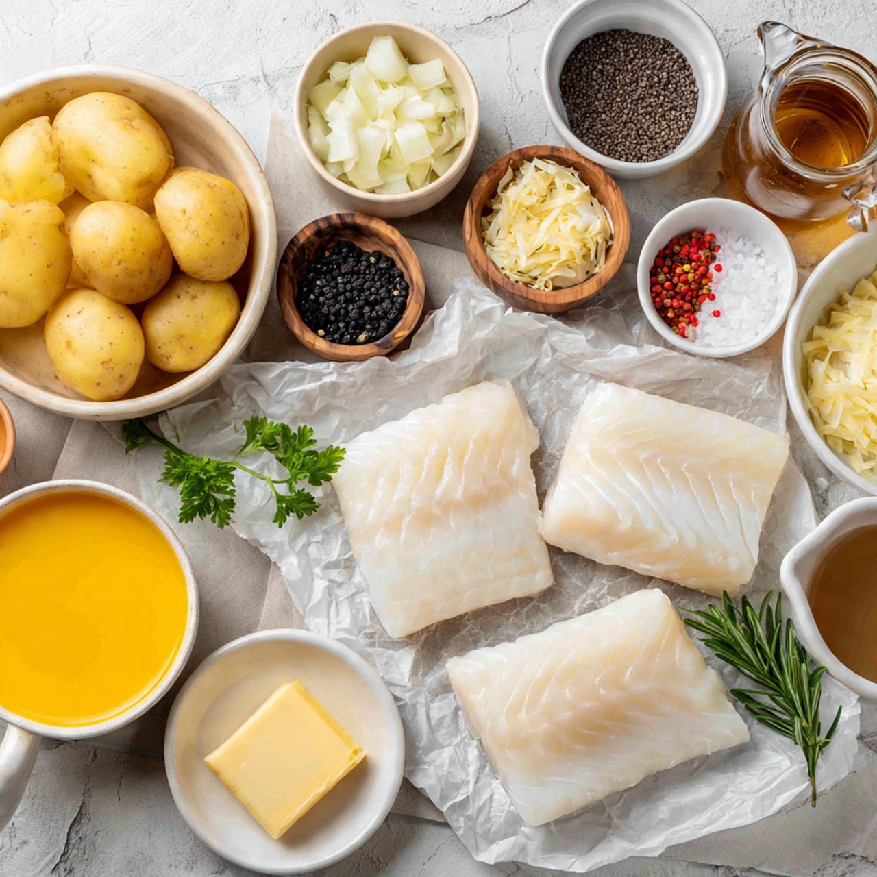 The image shows an overhead view of raw ingredients arranged neatly on a white marbled surface. On the right side, there are four pieces of white fish fillets on crumpled white parchment paper. Surrounding them are small white bowls containing a dollop of yellow mustard, melted yellow butter, and two thin slices of pale cheese on a small white plate. Fresh green parsley and rosemary sprigs lay nearby. To the left of the fish, there is a beige bowl filled with peeled, quartered yellow potatoes. Above and around it are several bowls and dishes: one with finely chopped shallots, one with grated lemon zest, a wooden bowl with black pepper, a white bowl with a clear light liquid, a black bowl with minced garlic, a pink bowl with capers, a dark bowl with reddish-brown paprika, a grey bowl with salt, a small glass pitcher with a light brown broth, and a small jar containing white mayonnaise or cream. Everything is placed on a white marbled surface. photo taken with an iphone --ar 4:5 --v 7