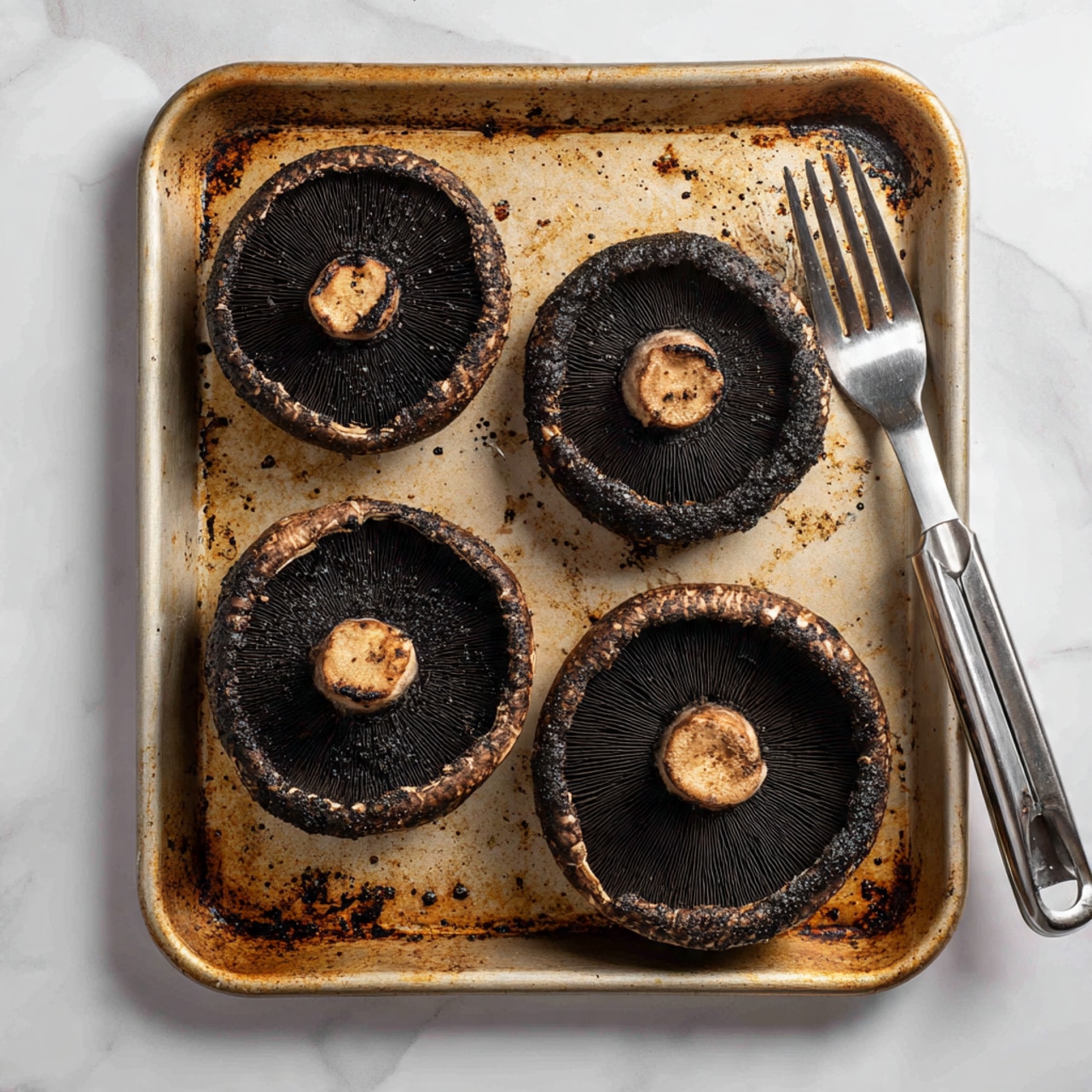 Four large grilled portobello mushrooms with dark black gills and slightly browned edges are placed on a worn metal baking sheet with burnt spots. The mushrooms are arranged in a square pattern, two on top and two on the bottom. To the right, a pair of metal tongs rests on the baking sheet. The scene is set on a white marbled surface. photo taken with an iphone --ar 4:5 --v 7