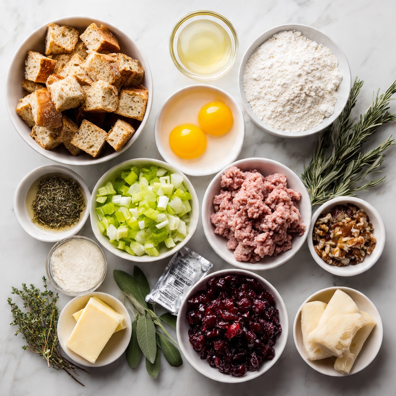 A top-down view shows an arrangement of ingredients for cooking, all placed on a white marbled surface. The largest white bowl at the top left is filled with medium-sized cubes of toasted bread with golden brown crusts and soft white interiors. To its right, a small clear bowl holds a pale yellow liquid, and a white bowl next to it contains two bright yellow raw eggs. Nearby, another white bowl holds white flour, and beside it, fresh green sage leaves rest next to a small metal packet. In the center, a white bowl is filled with light green diced celery, and below it, a white bowl contains raw ground meat in small clumps with a pink hue. To the right, a white bowl is filled with a mix of shiny, dark red and purple cranberries coated in a glossy, syrupy sauce. At the bottom left, a white bowl holds a solid pale yellow square of butter, and next to it, a clear bowl is filled with finely grated cheese that is pale off-white. A small white bowl contains dried green herbs, and a few sprigs of fresh dark green thyme and parsley are scattered nearby. A small white bowl with rolled raw dough pieces and a few thyme sprigs completes the spread. Photo taken with an iphone --ar 4:5 --v 7